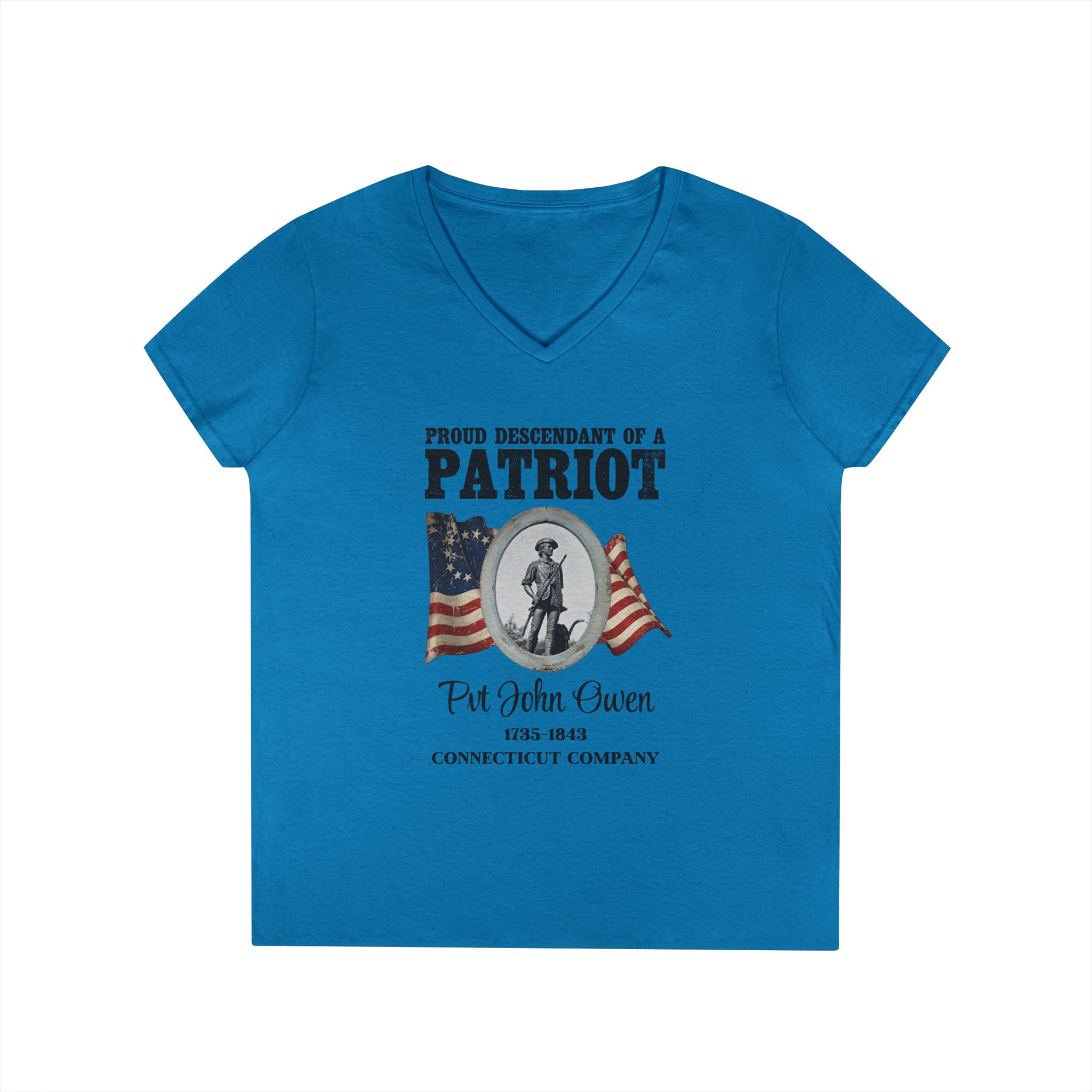Descendant of a Patriot Ladies V-Neck T-Shirt | Vintage Minute Man Statue, Betsy Ross Flag, Personalized Ancestor Info