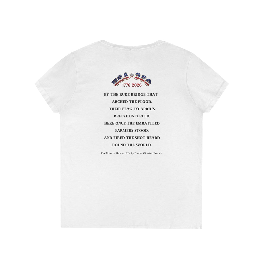 Descendant of a Patriot Ladies V-Neck T-Shirt | Vintage Minute Man Statue, Betsy Ross Flag, Personalized Ancestor Info