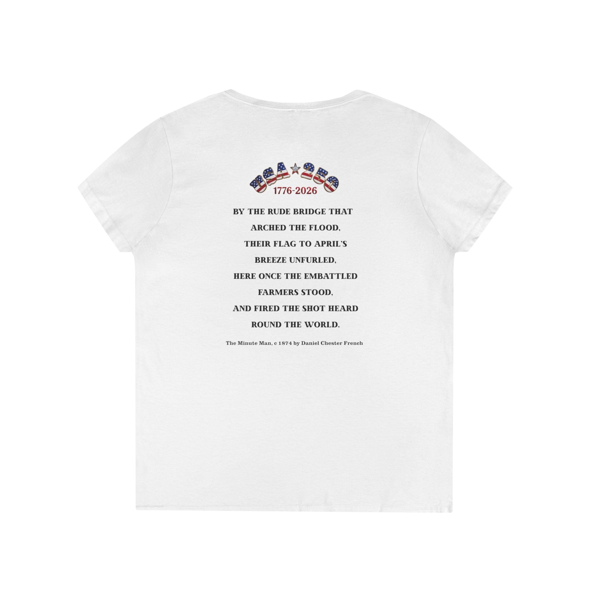 Descendant of a Patriot Ladies V-Neck T-Shirt | Vintage Minute Man Statue, Betsy Ross Flag, Personalized Ancestor Info