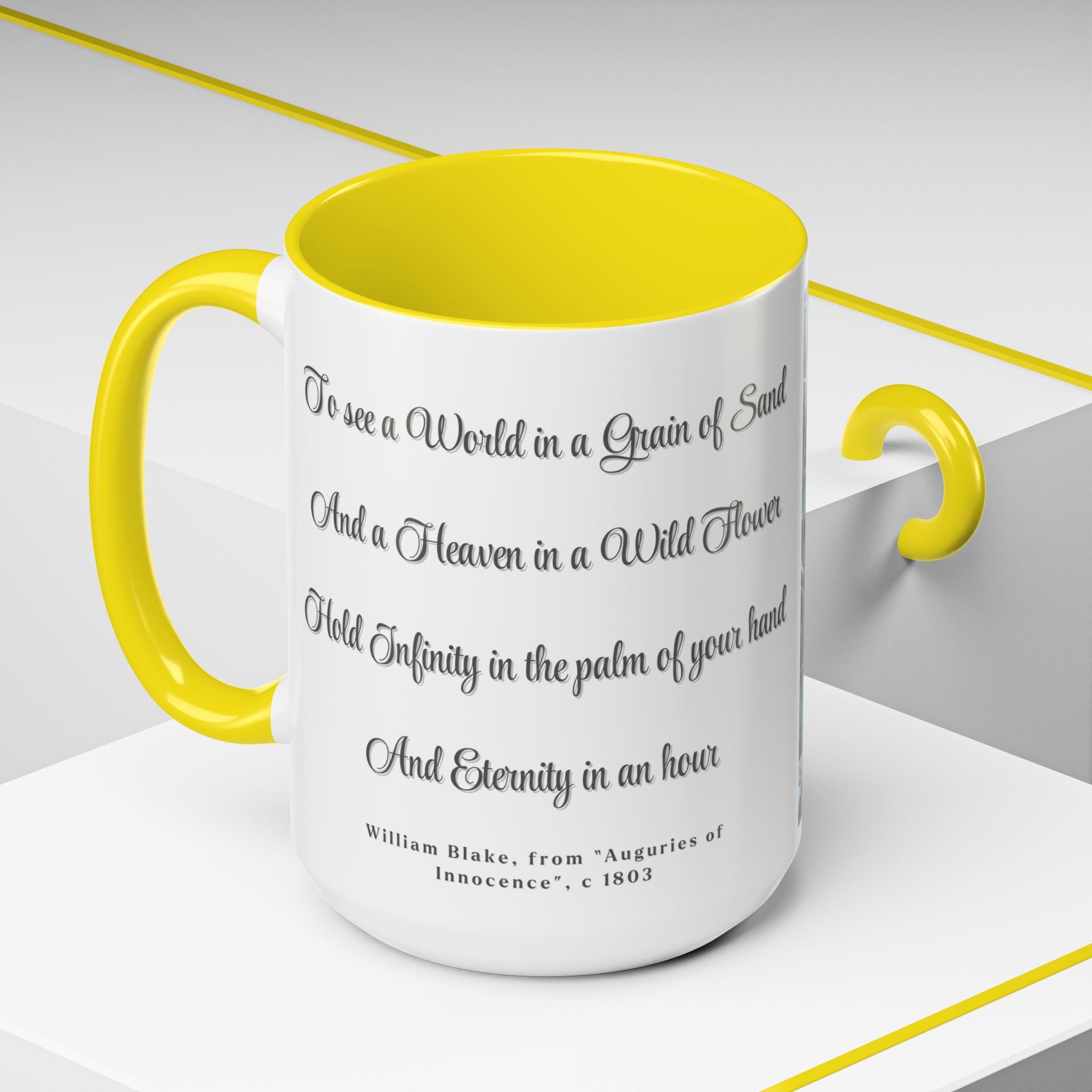 Puppy Smelling the Flowers 15 oz Gratitude Mug | With quote from "Auguries of Innocence", William Blake