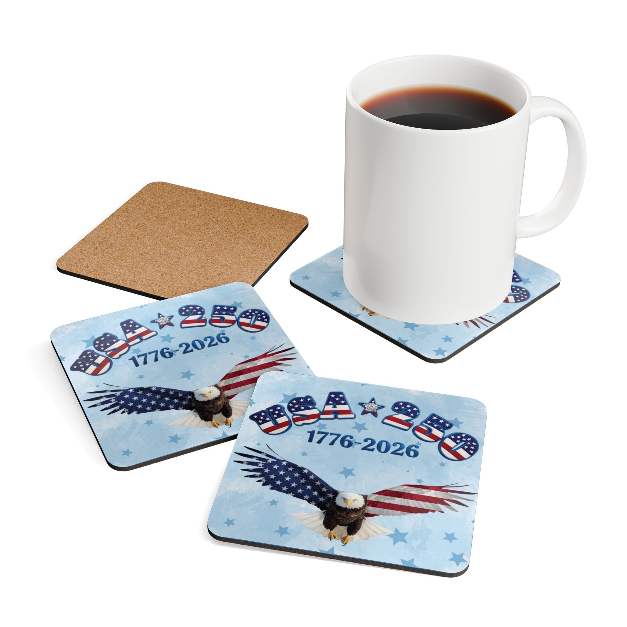 USA 250 Tribute Eagle and American Flag Coasters, Corkwood Coasters, Set of 4 | 1776-2026, blue design