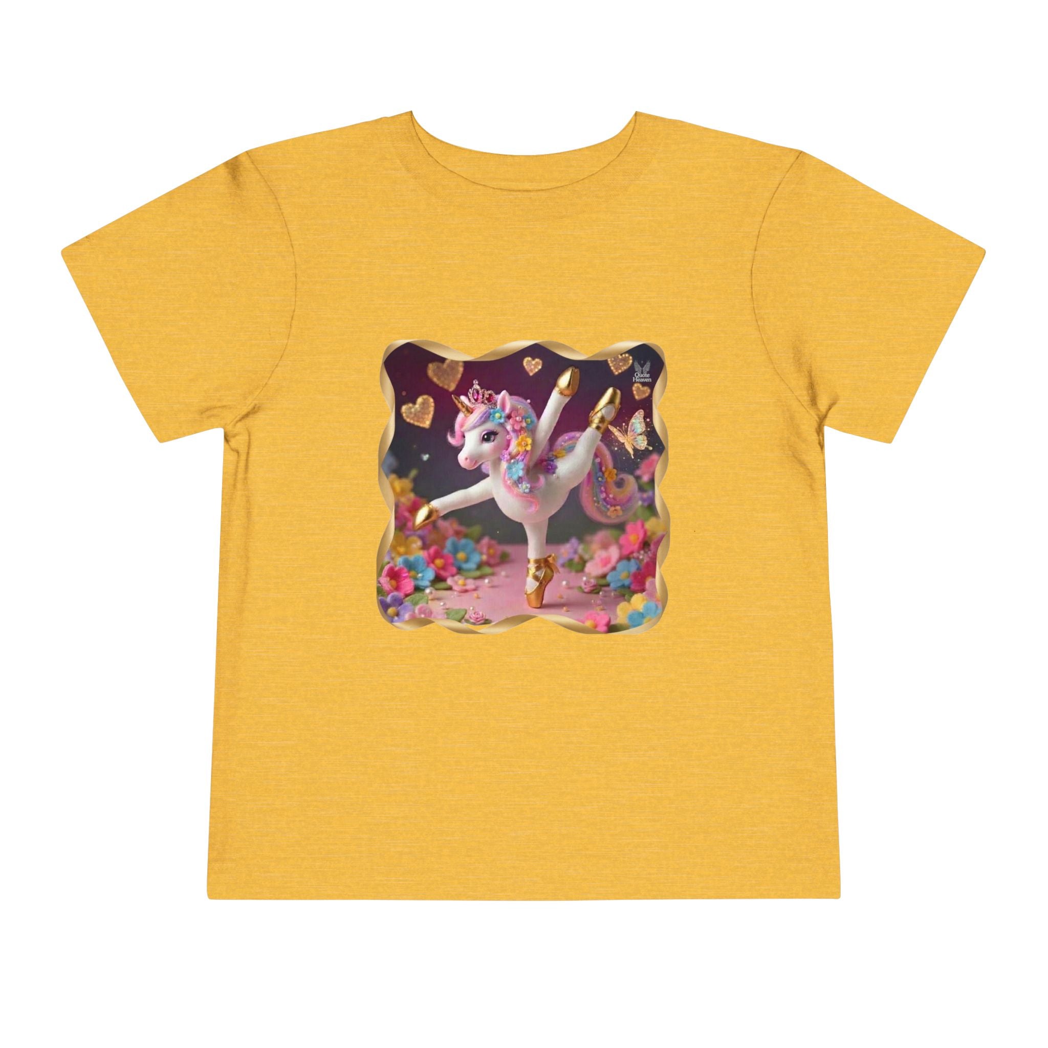Ballet Unicorn Toddler Tee | Cute Pink Unicorn Dancing with Hearts, Double Rainbow and Clouds on Back