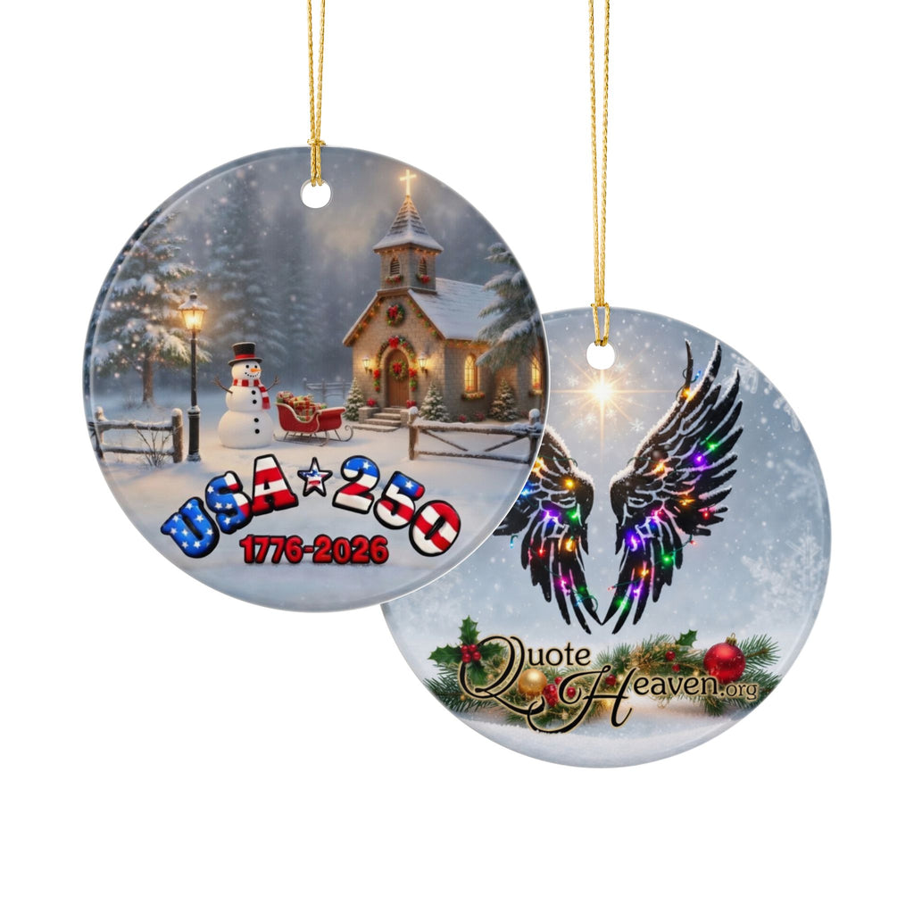 USA 250 Tribute Ceramic Ornament | Church, Snowy Woods & Sleigh Holiday Decoration