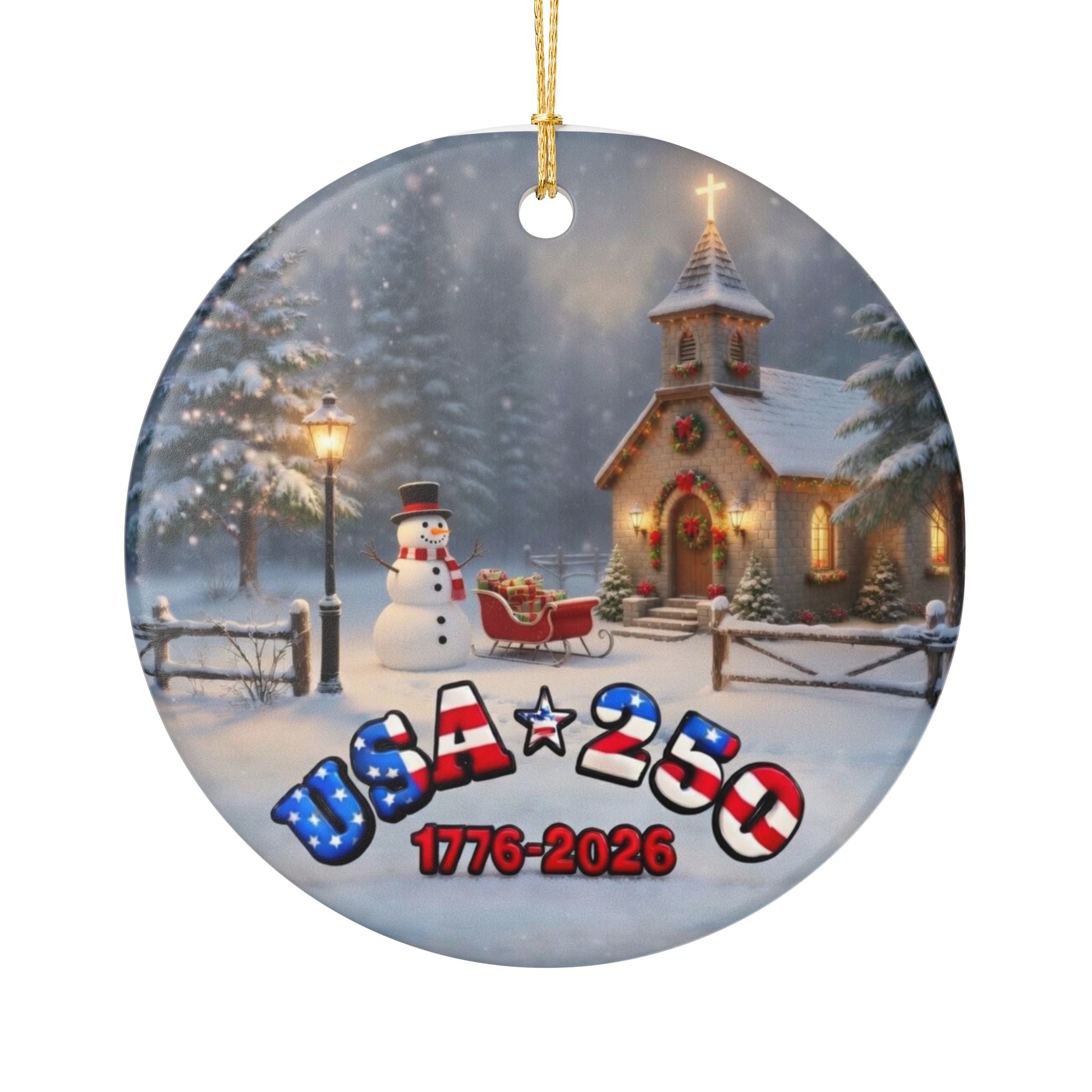 USA 250 Tribute Ceramic Ornament | Church, Snowy Woods & Sleigh Holiday Decoration