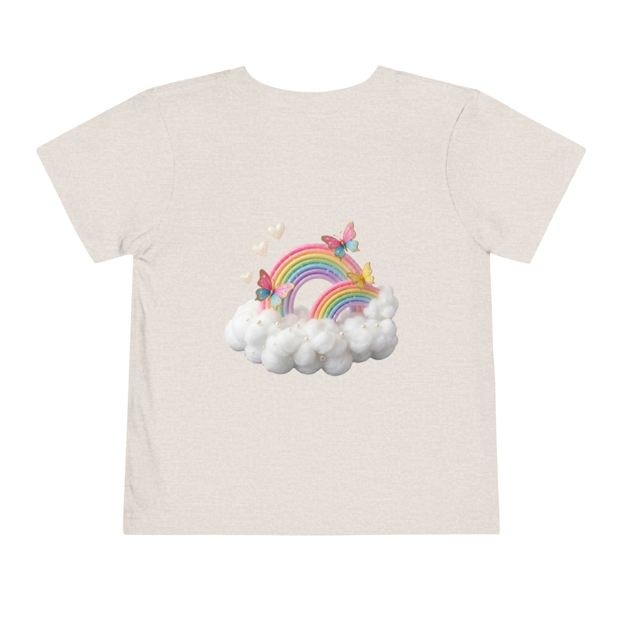 Ballet Unicorn Toddler Tee | Cute Pink Unicorn Dancing with Hearts, Double Rainbow and Clouds on Back