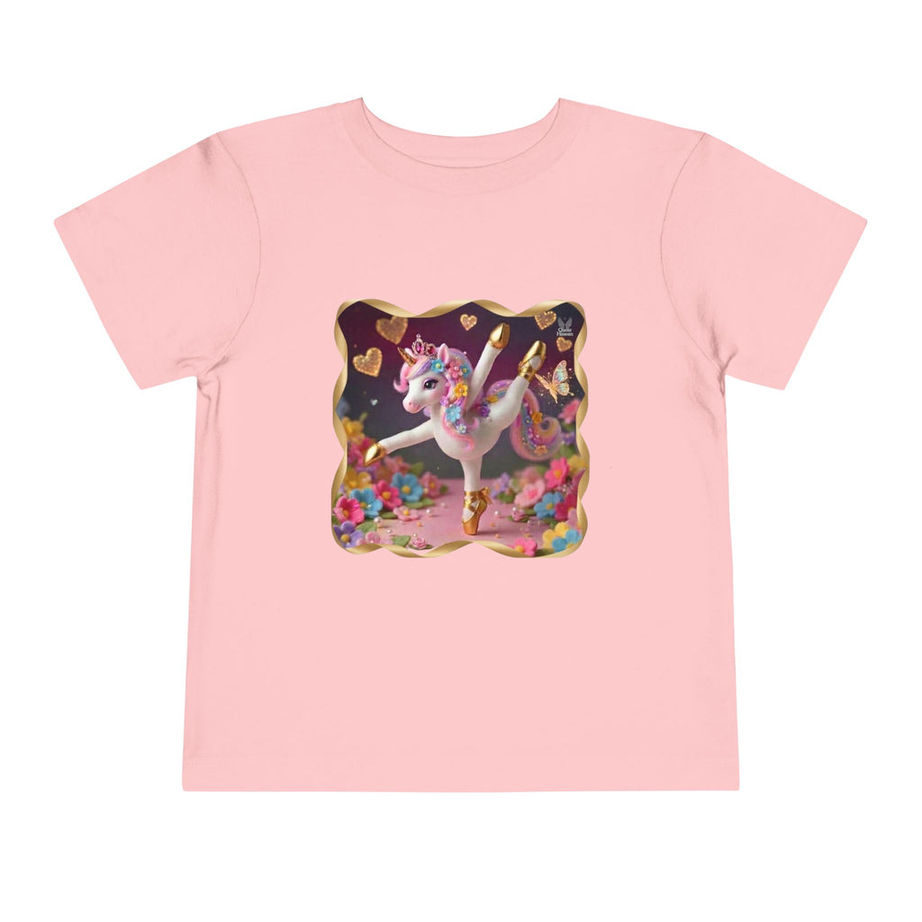 Ballet Unicorn Toddler Tee | Cute Pink Unicorn Dancing with Hearts, Double Rainbow and Clouds on Back