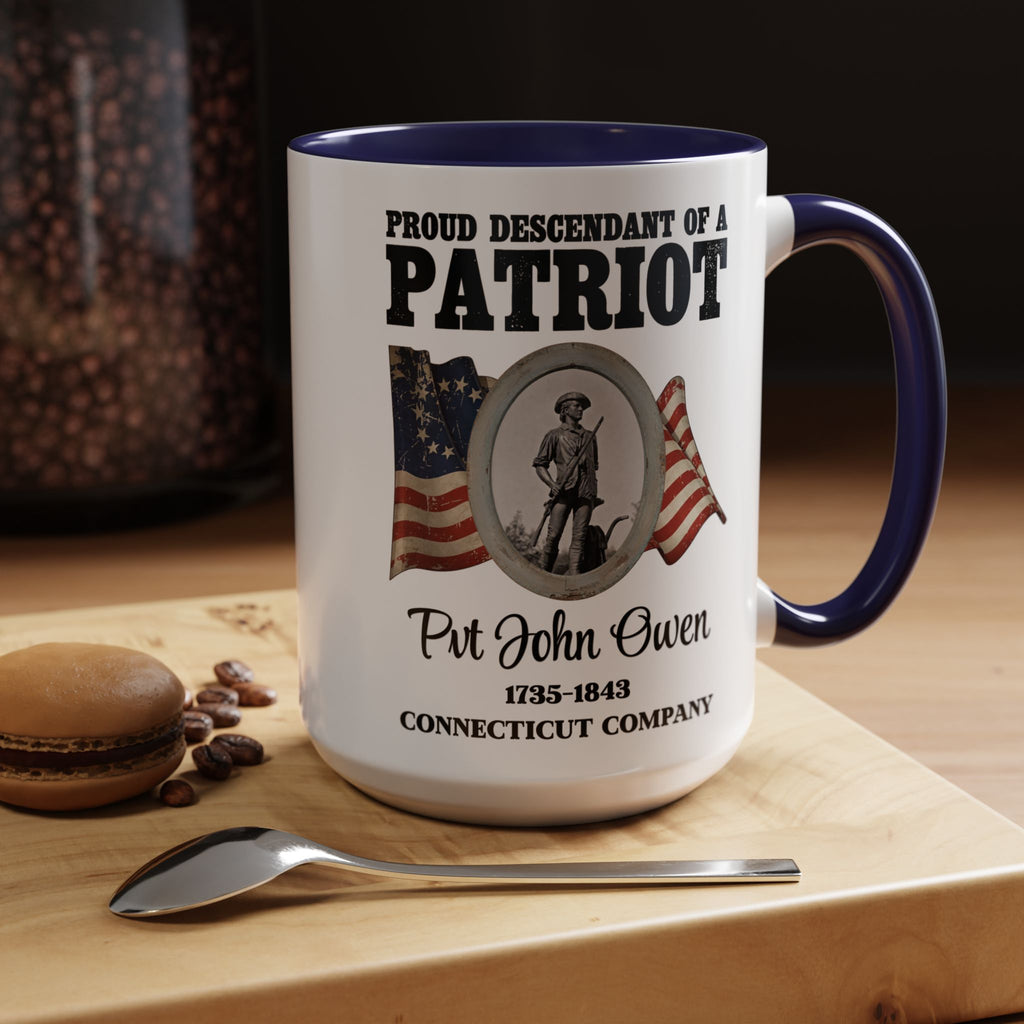 OWENS FAMILY with authentic obituary - Proud Descendant of a Patriot 15 oz mug | Revolutionary Soldier, American Flag