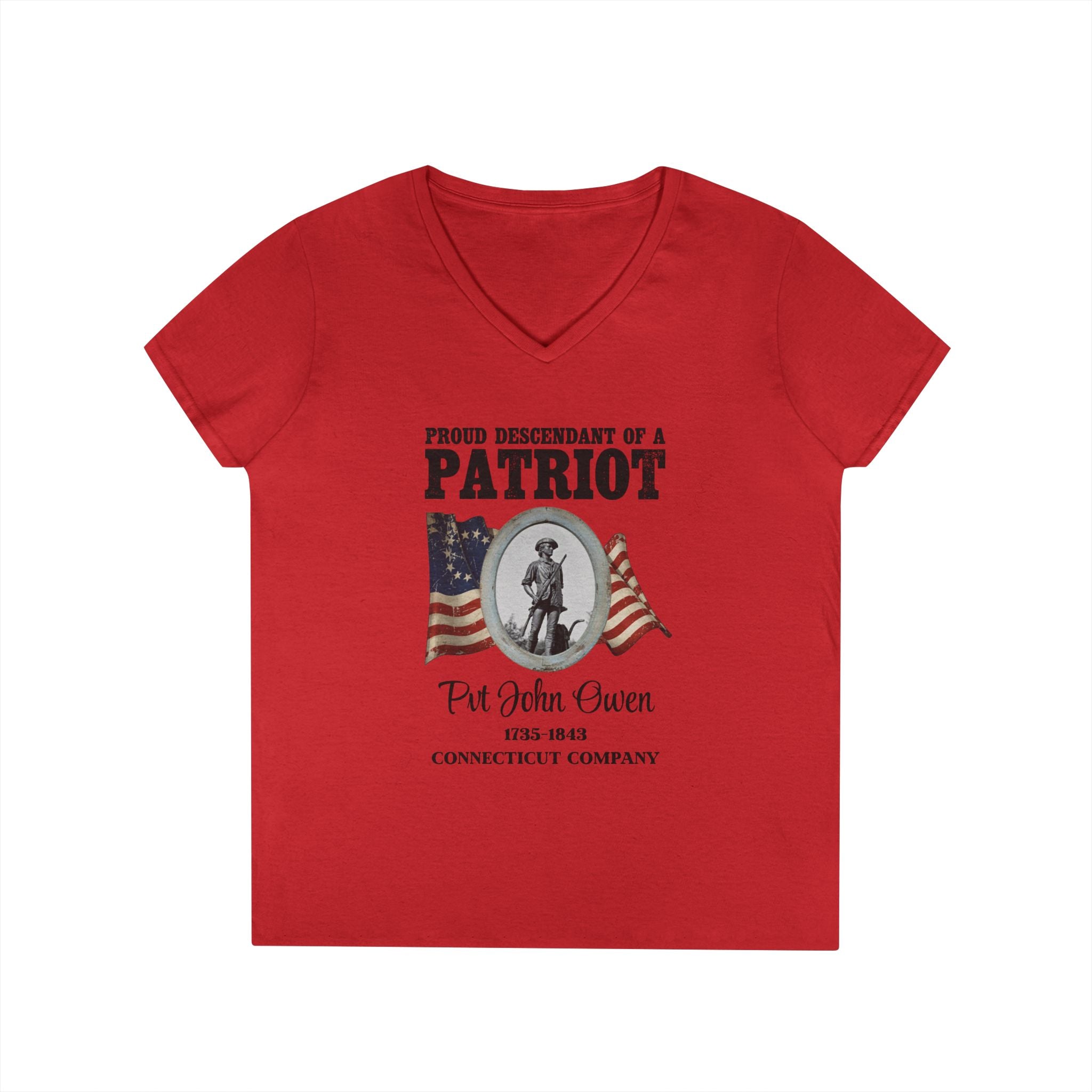 Descendant of a Patriot Ladies V-Neck T-Shirt | Vintage Minute Man Statue, Betsy Ross Flag, Personalized Ancestor Info