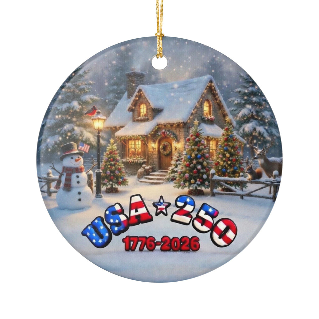 USA 250 Tribute Ceramic Ornament | 1776-2026 Holiday Cottage and Snowman