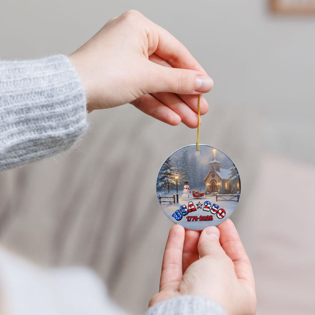 USA 250 Tribute Ceramic Ornament | Church, Snowy Woods & Sleigh Holiday Decoration