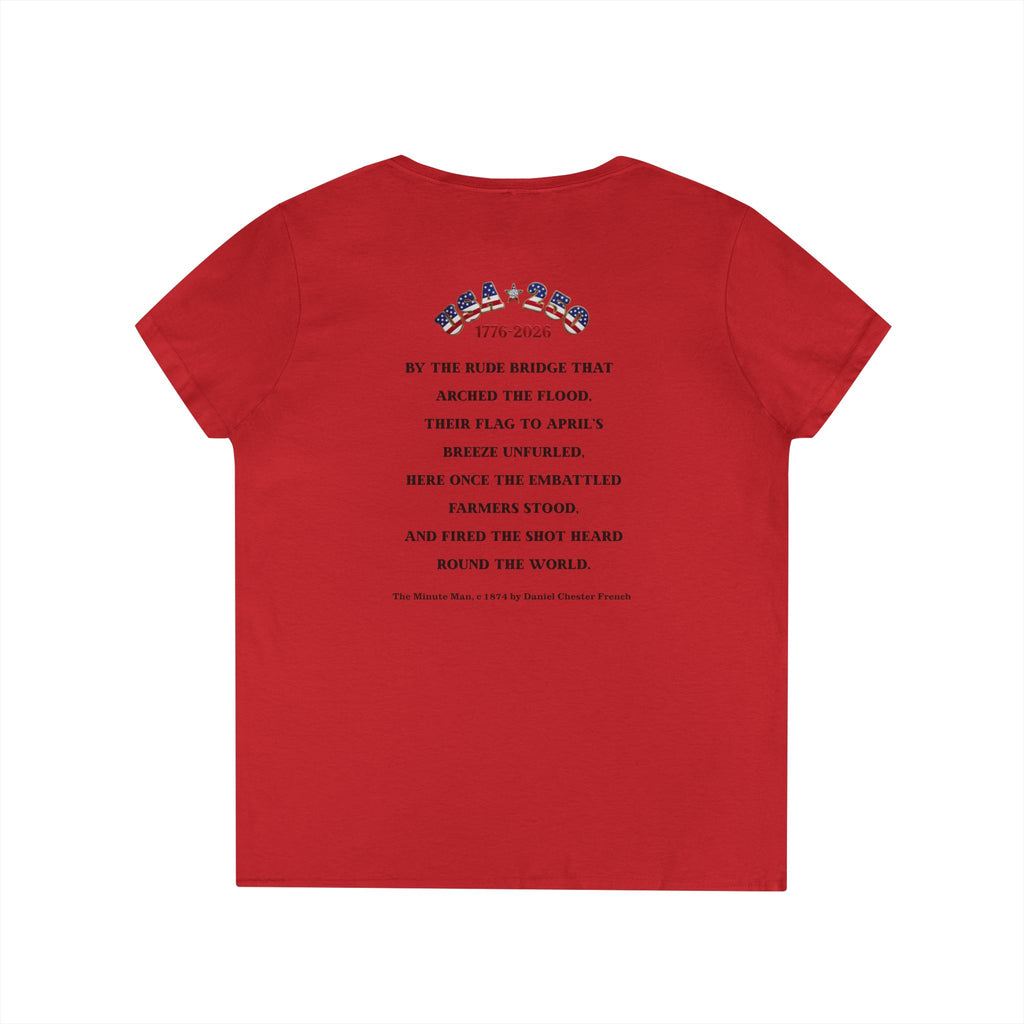 Descendant of a Patriot Ladies V-Neck T-Shirt | Vintage Minute Man Statue, Betsy Ross Flag, Personalized Ancestor Info