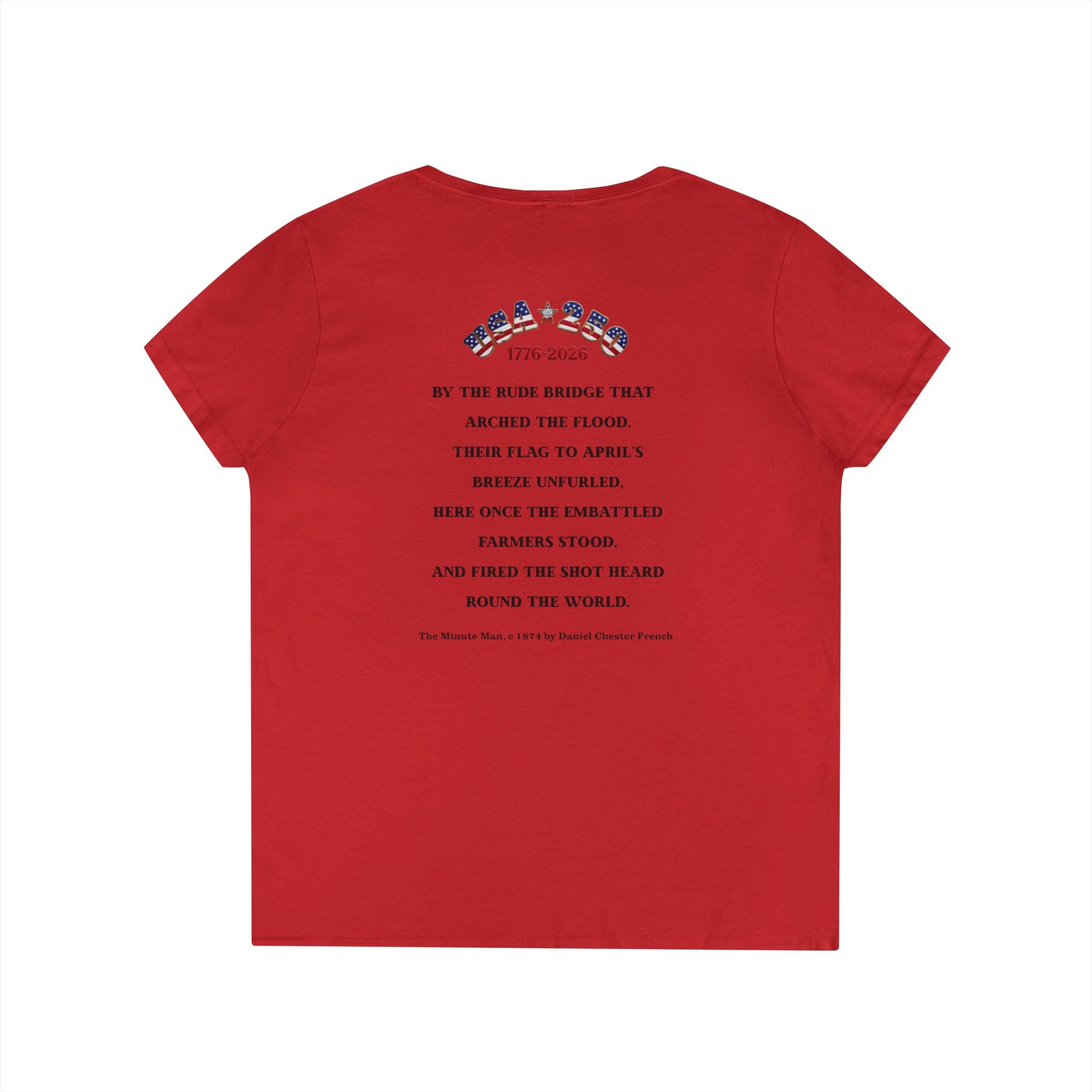 Descendant of a Patriot Ladies V-Neck T-Shirt | Vintage Minute Man Statue, Betsy Ross Flag, Personalized Ancestor Info