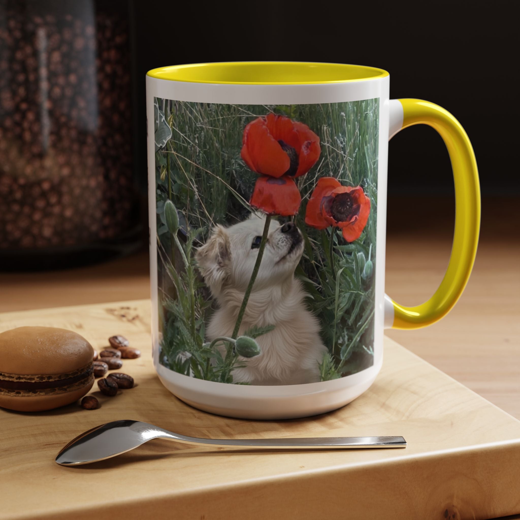 Puppy Smelling the Flowers 15 oz Gratitude Mug | With quote from "Auguries of Innocence", William Blake