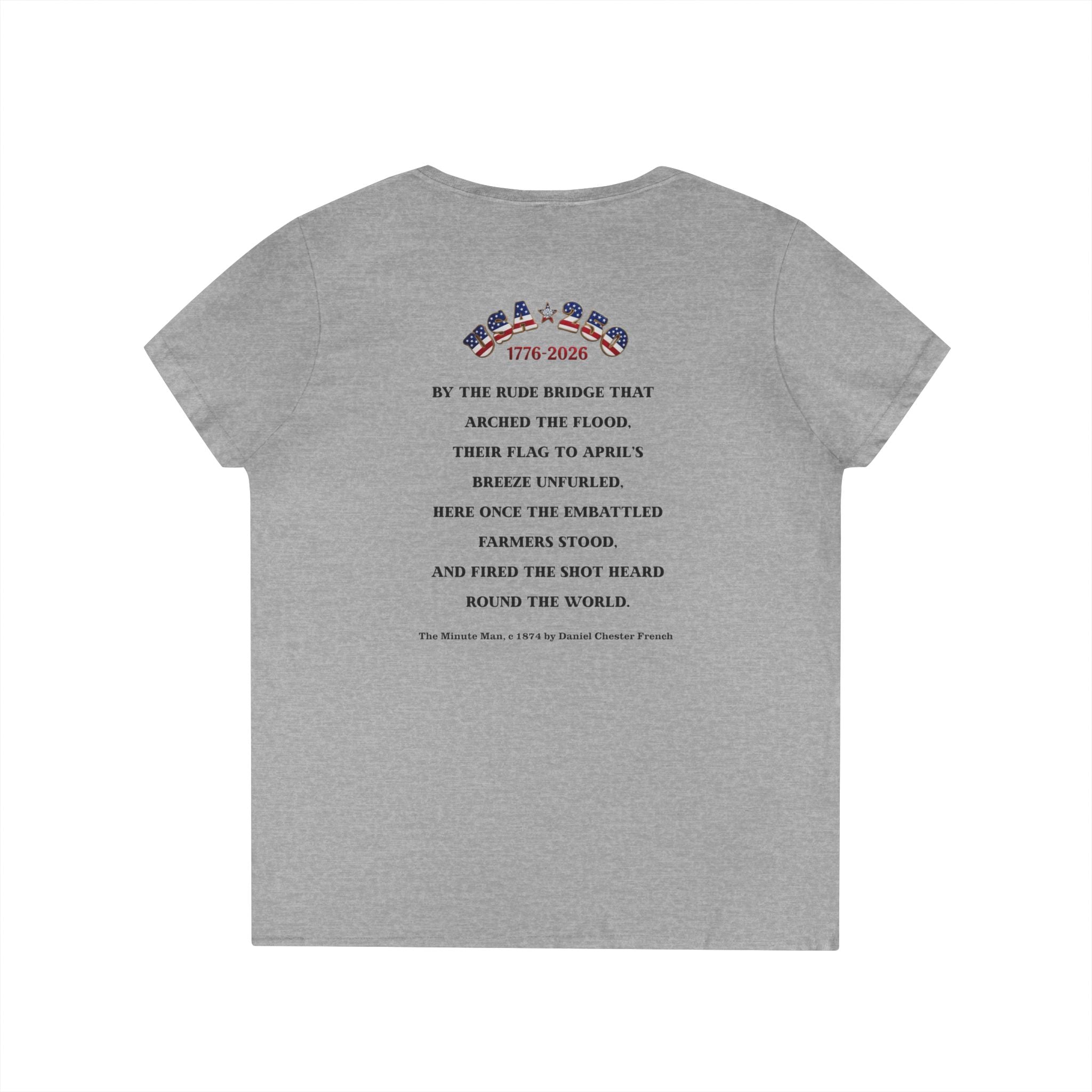 Descendant of a Patriot Ladies V-Neck T-Shirt | Vintage Minute Man Statue, Betsy Ross Flag, Personalized Ancestor Info