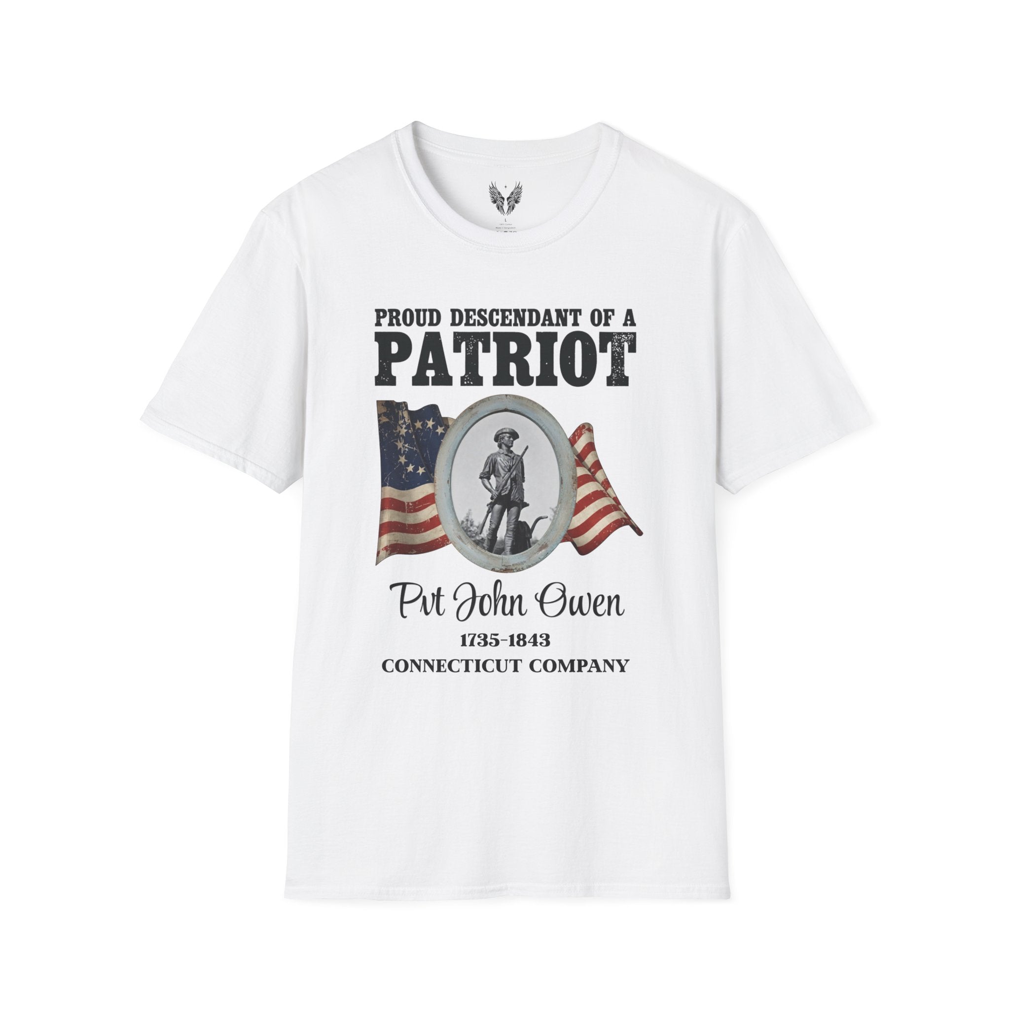 Proud Descendant of a Patriot Unisex T-Shirt | USA 250 Tribute, Personalized, Minute Man Tribute on Back