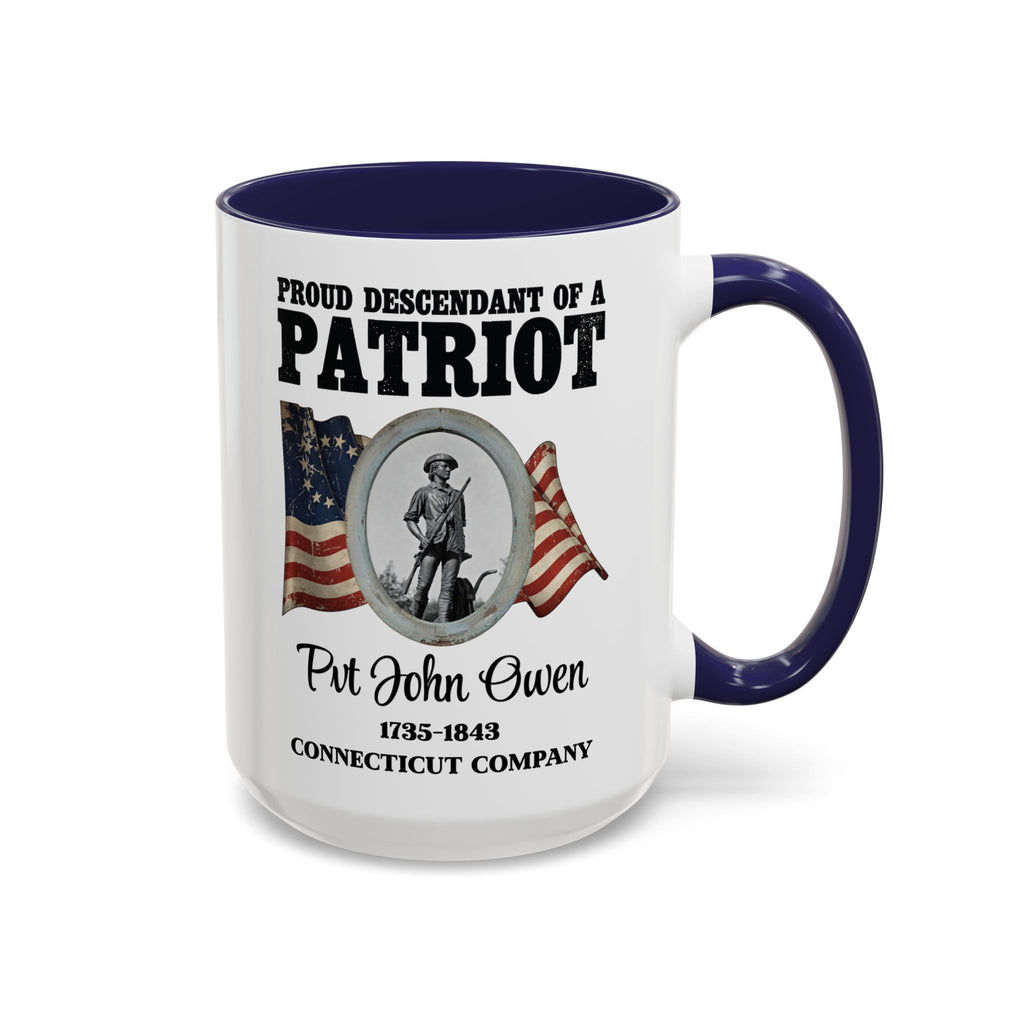 Descendant of a Patriot Coffee Mug (15oz) Vintage Minute Man Statue, Betsy Ross Flag, Personalize