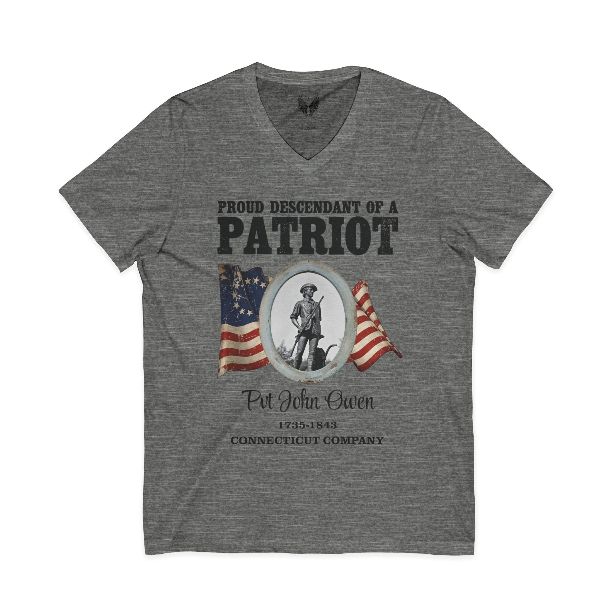 Patriot Ancestor V-Neck Tee — "Proud Descendant of a Patriot" Historical Tribute Shirt | Personalized