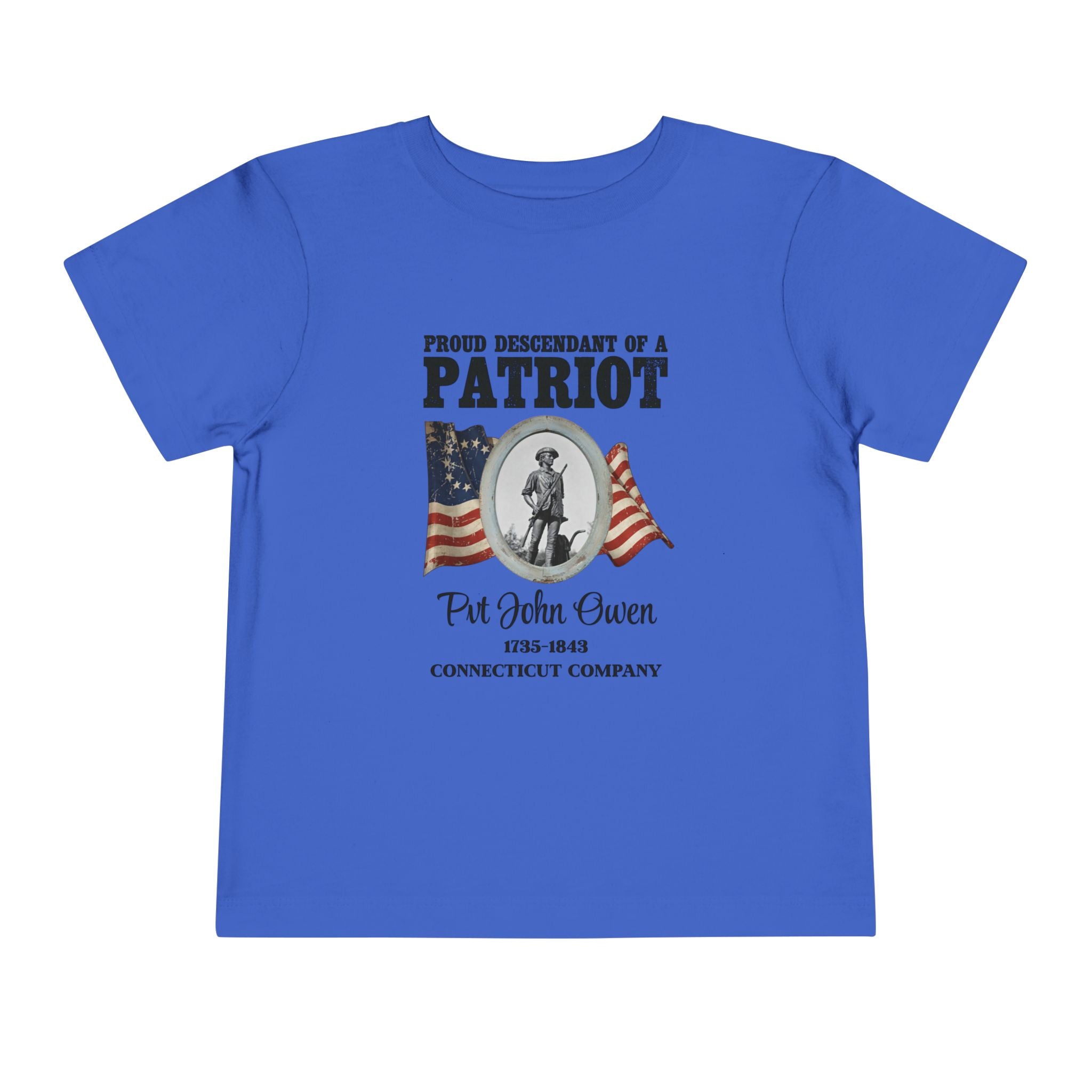 Descendant of a Patriot Toddler Tee | USA 250 Minuteman and Poem Tribute on Back | Personalize