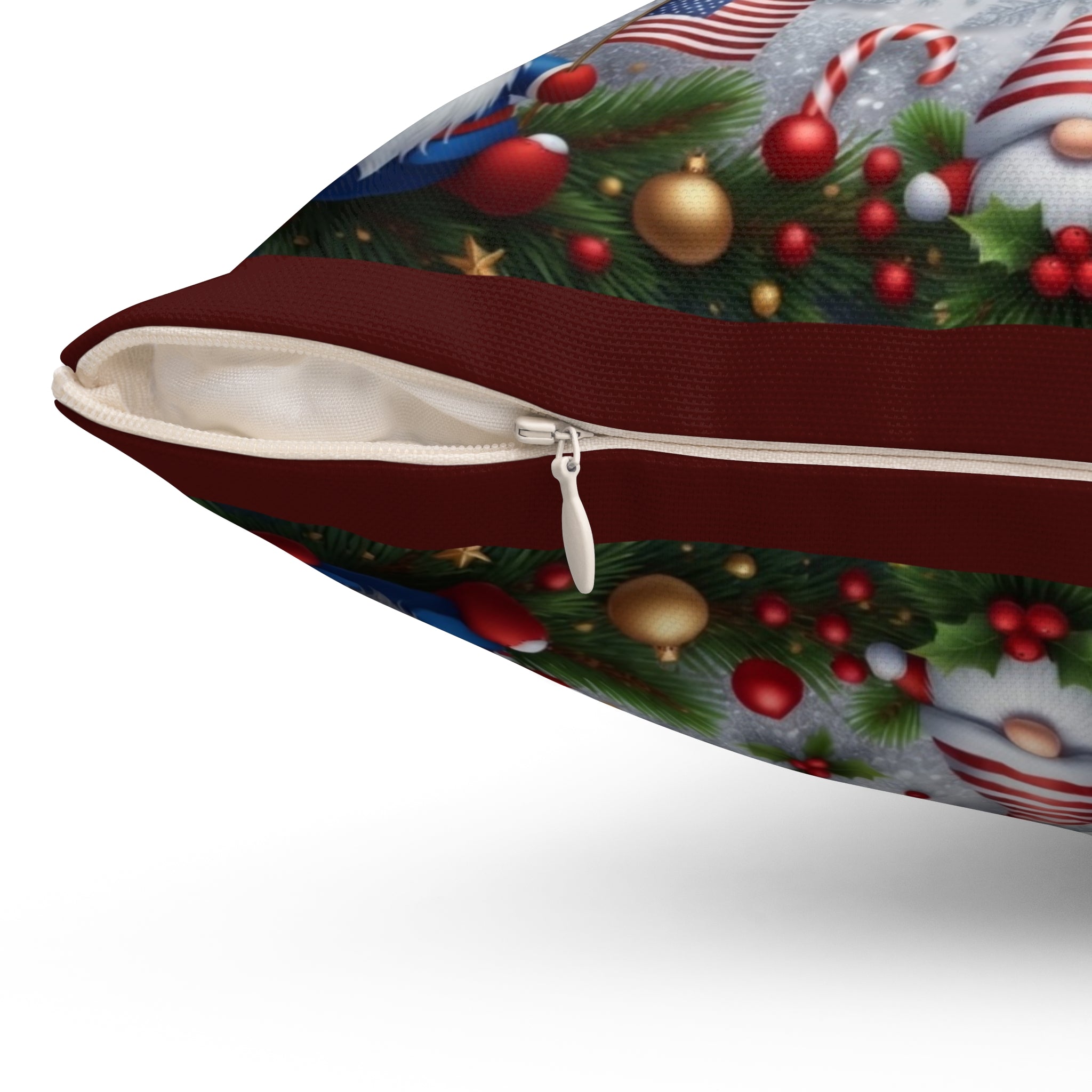 Wee Patriotic Christmas Gnomes Spun Polyester Square Pillow | USA 1776-2026, Festive Lights