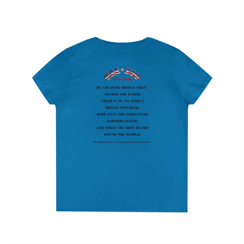Descendant of a Patriot Ladies V-Neck T-Shirt | Vintage Minute Man Statue, Betsy Ross Flag, Personalized Ancestor Info