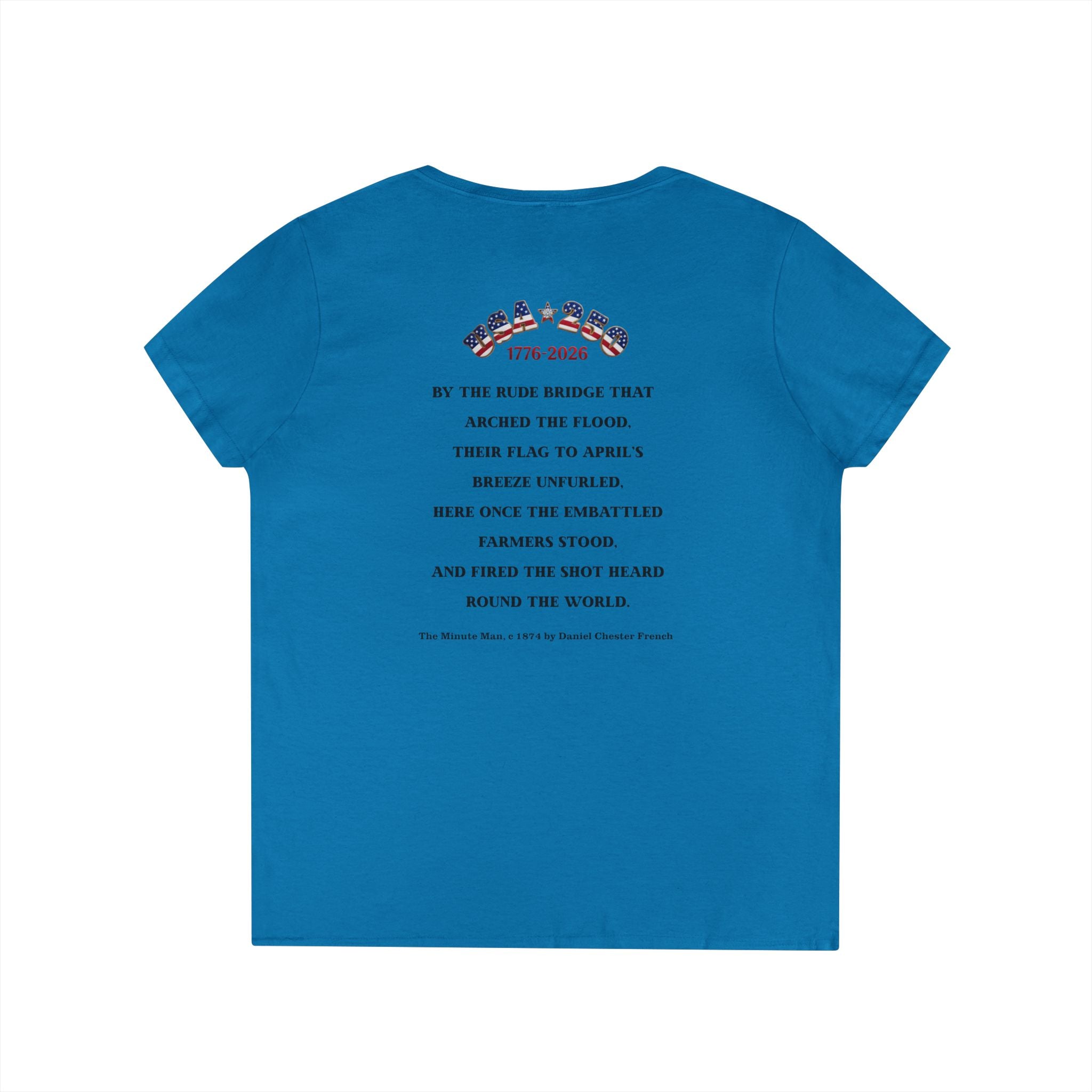 Descendant of a Patriot Ladies V-Neck T-Shirt | Vintage Minute Man Statue, Betsy Ross Flag, Personalized Ancestor Info