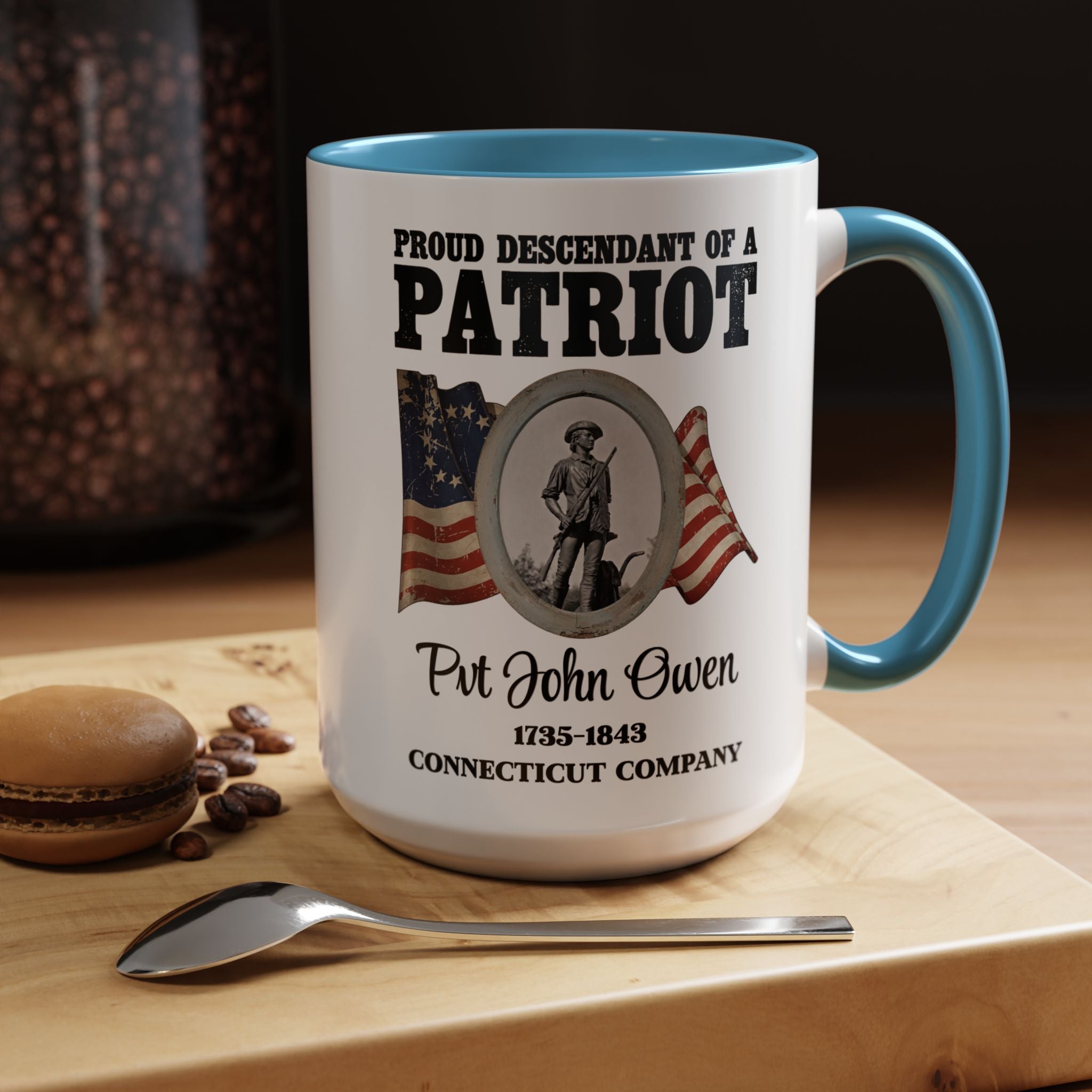 Descendant of a Patriot Coffee Mug (15oz) Vintage Minute Man Statue, Betsy Ross Flag, Personalize