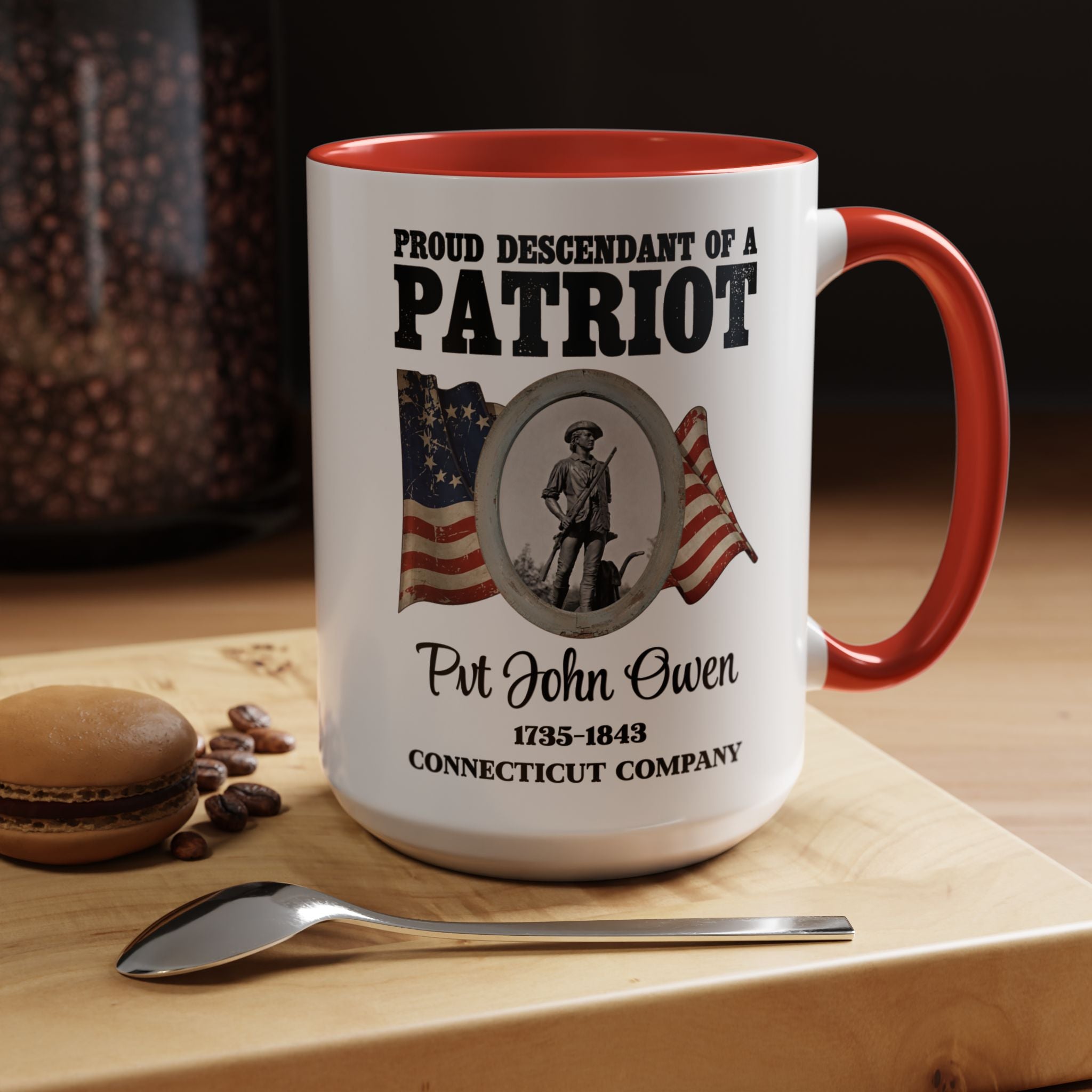 Descendant of a Patriot Coffee Mug (15oz) Vintage Minute Man Statue, Betsy Ross Flag, Personalize
