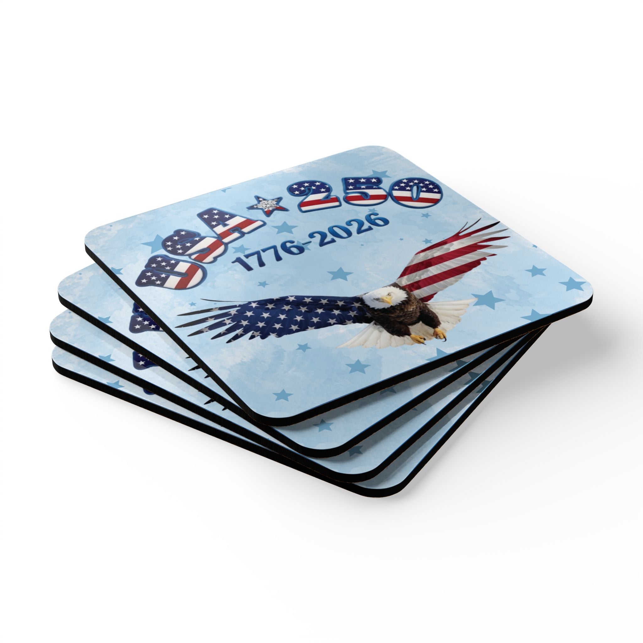 USA 250 Tribute Eagle and American Flag Coasters, Corkwood Coasters, Set of 4 | 1776-2026, blue design