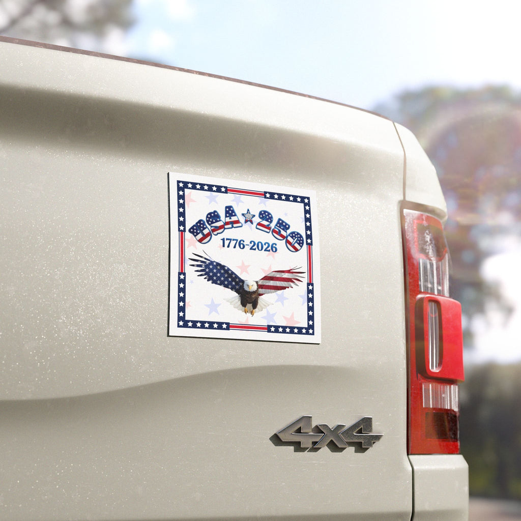 USA 250 Tribute Eagle Car Magnet | 1776-2026 American Flag Design, Square decal for car, blue