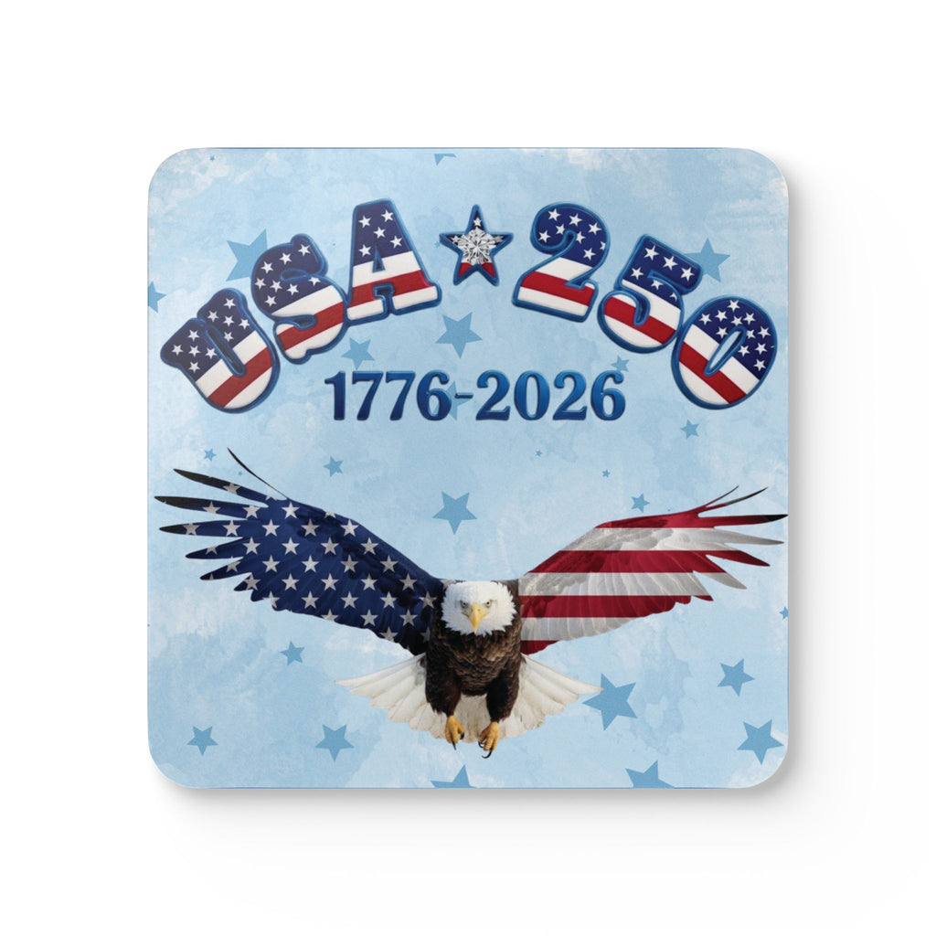 USA 250 Tribute Eagle and American Flag Coasters, Corkwood Coasters, Set of 4 | 1776-2026, blue design