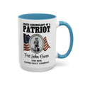Descendant of a Patriot Coffee Mug (15oz) Vintage Minute Man Statue, Betsy Ross Flag, Personalize