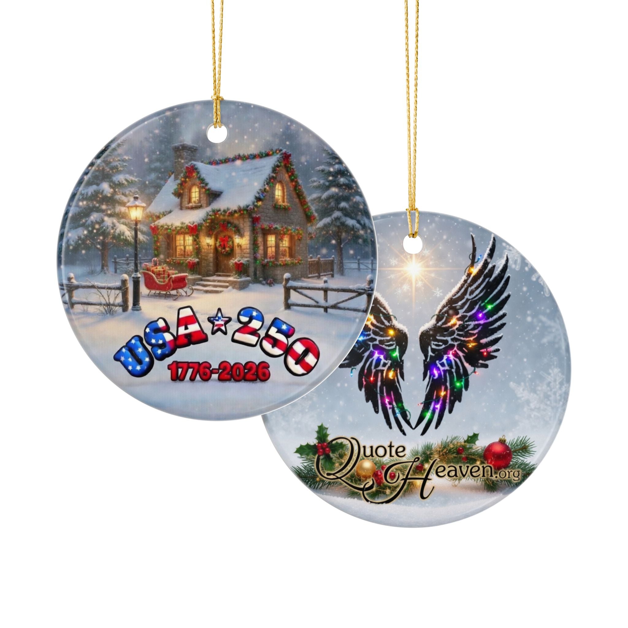 USA 250 Tribute Ceramic Ornament | Cozy Cottage and Sleigh Semi-quincentennial Holiday Décor