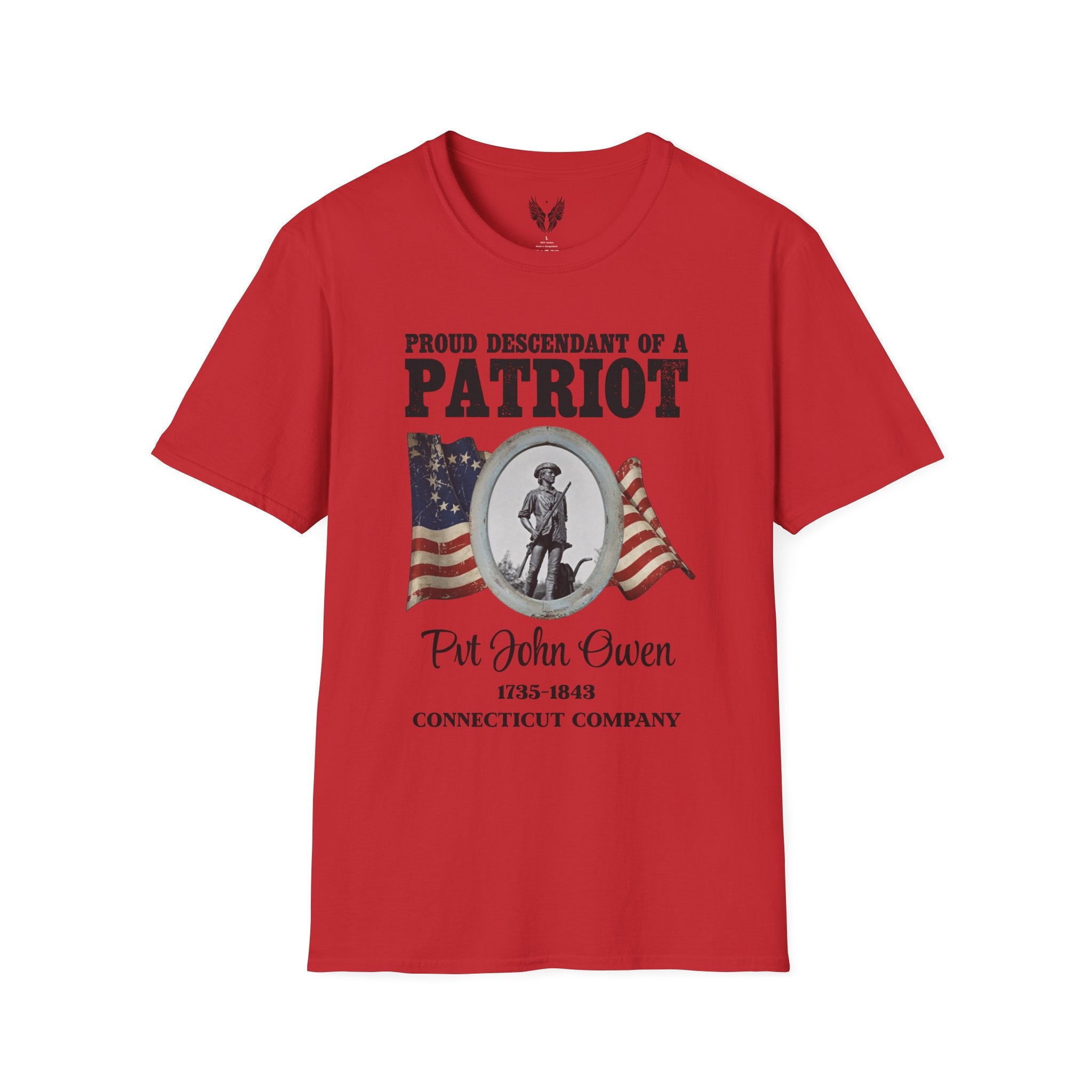 Proud Descendant of a Patriot Unisex T-Shirt | USA 250 Tribute, Personalized, Minute Man Tribute on Back