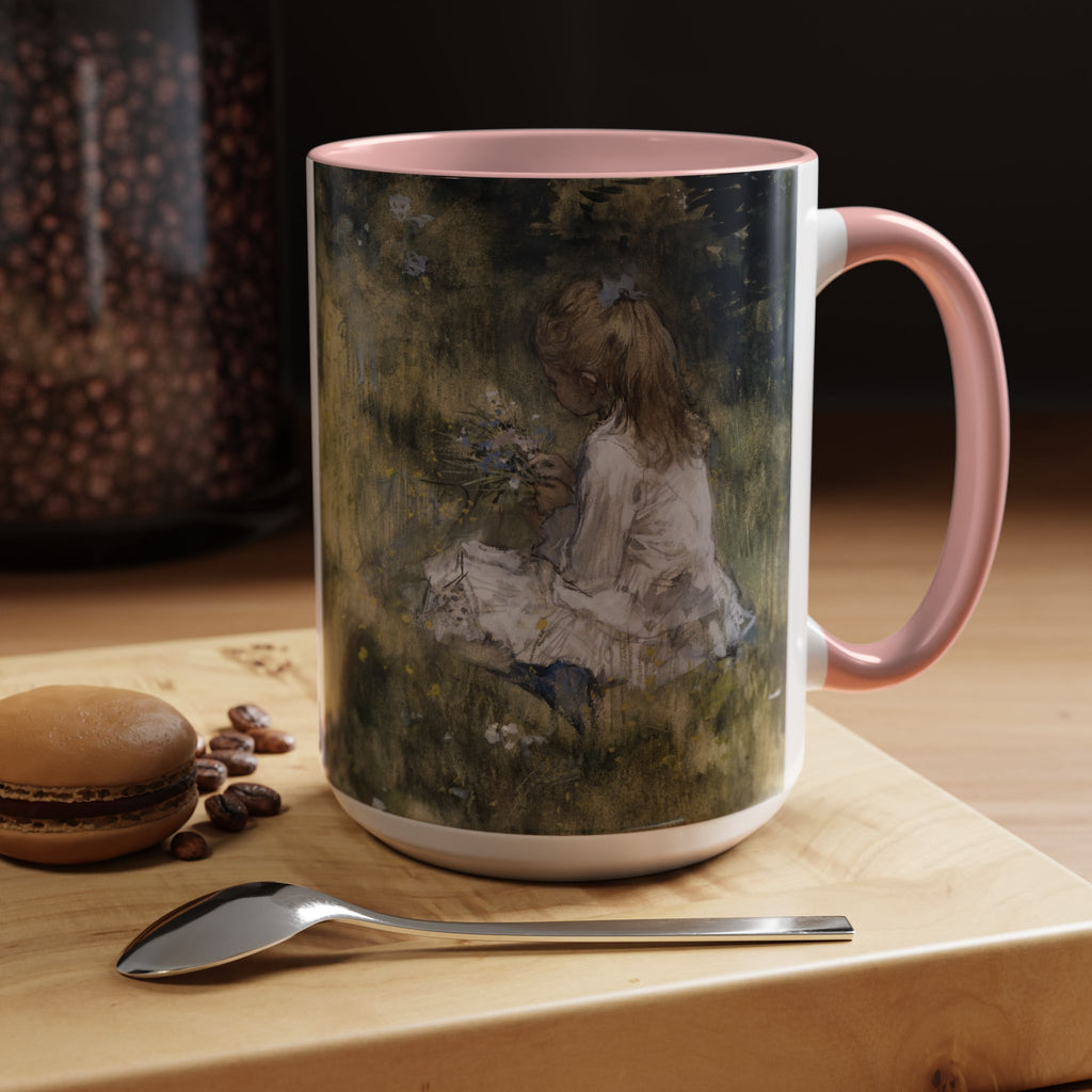 A Girl with Flowers Accent Coffee Mug | Vintage Nature Art, John Muir Quote