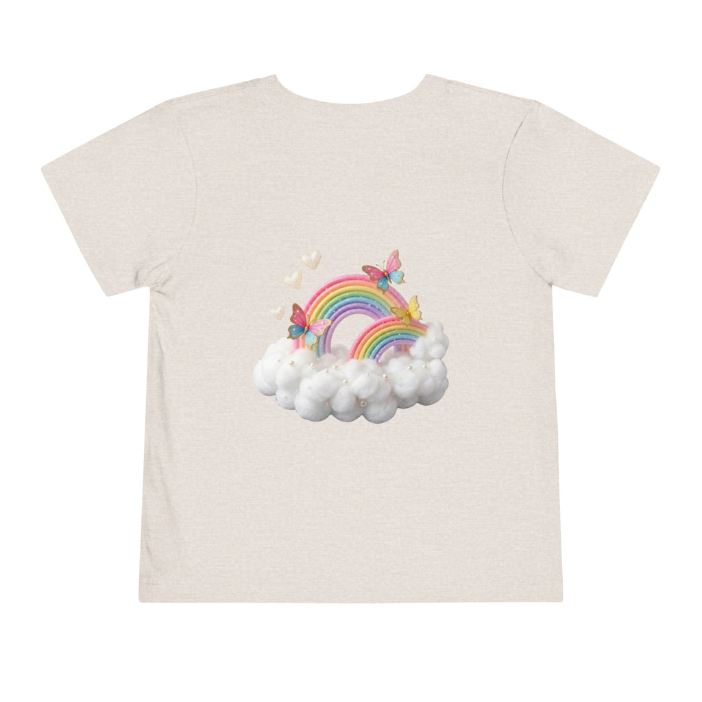 Ballet Unicorn Toddler Tee | Cute Pink Unicorn Dancing with Hearts, Double Rainbow and Clouds on Back