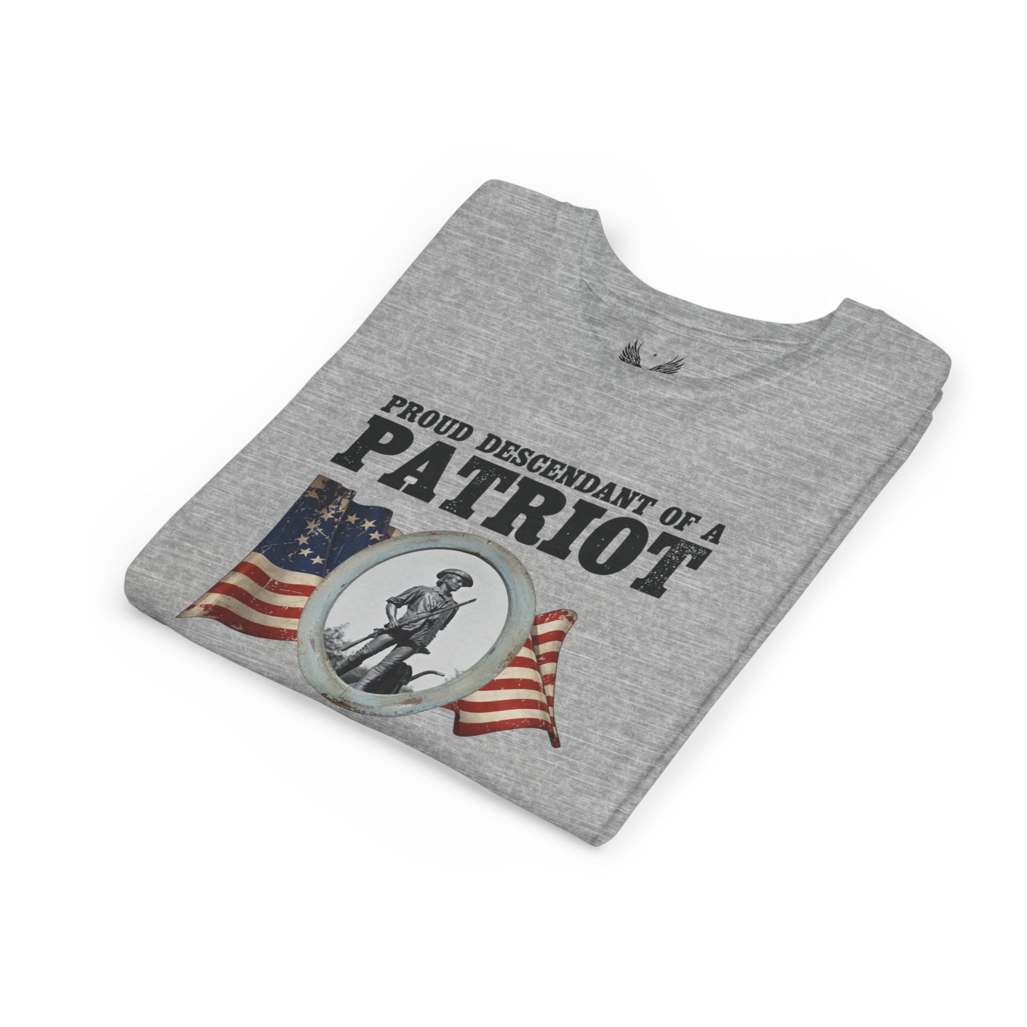 Proud Descendant of a Patriot Youth Short Sleeve Tee | Minute Man Statue and Poem | Personalize