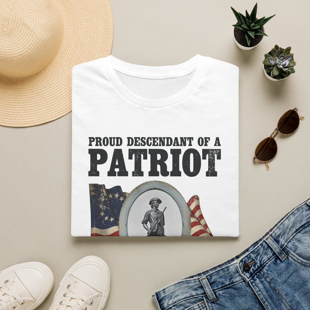 Proud Descendant of a Patriot Unisex T-Shirt | USA 250 Tribute, Personalized, Minute Man Tribute on Back