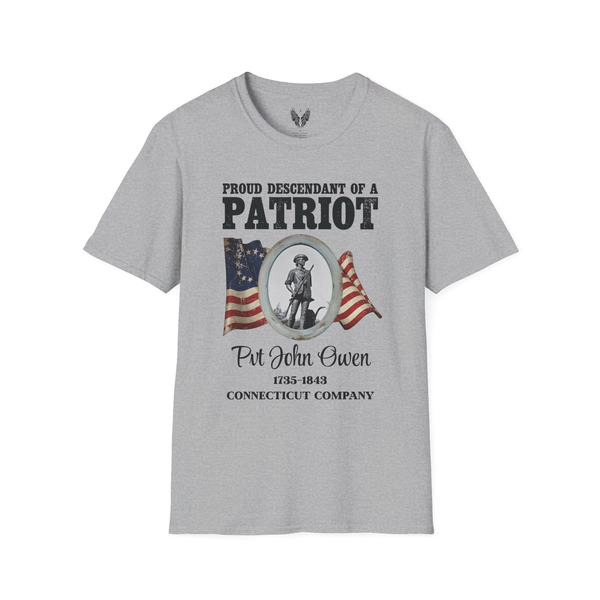 Proud Descendant of a Patriot Unisex T-Shirt | USA 250 Tribute, Personalized, Minute Man Tribute on Back