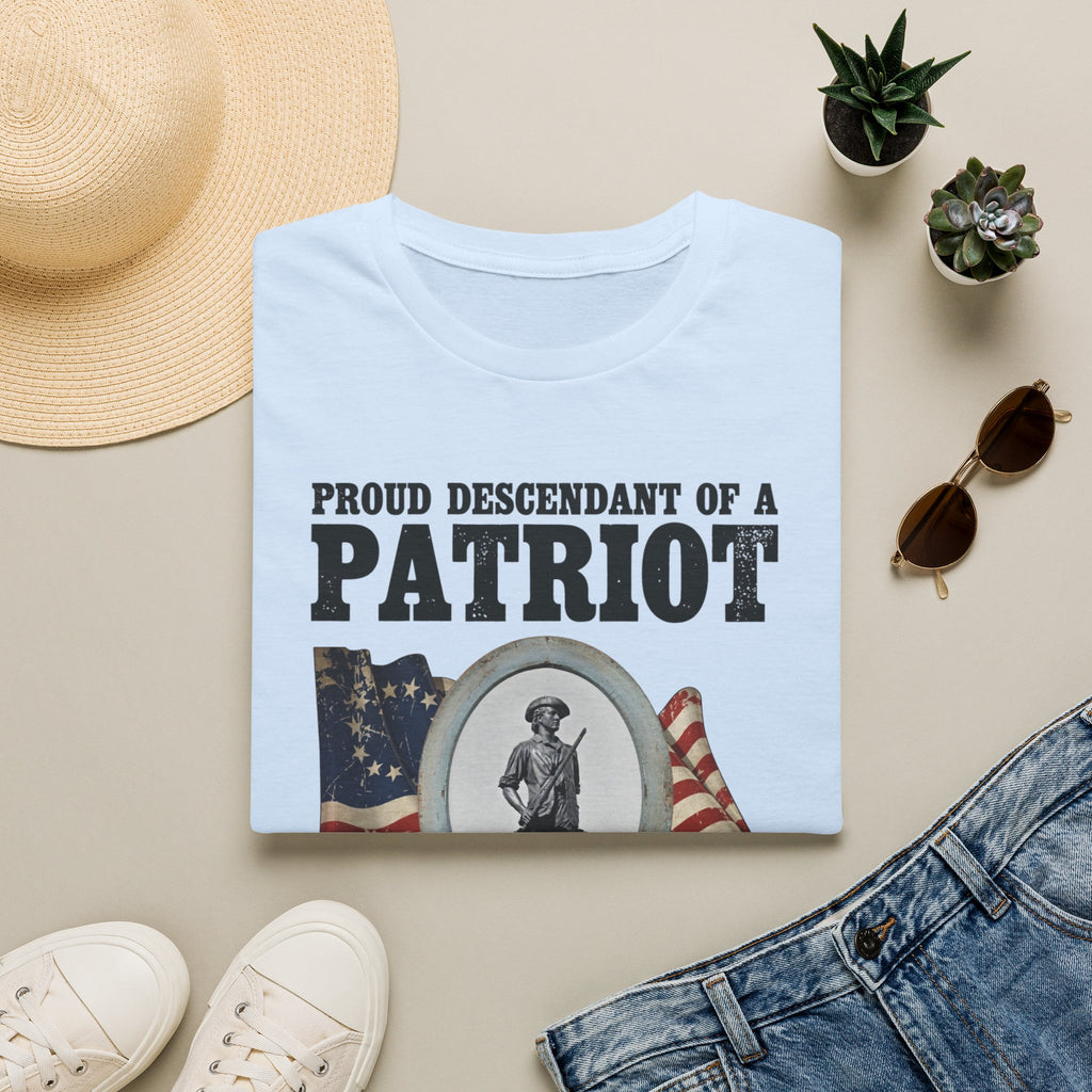 Proud Descendant of a Patriot Unisex T-Shirt | USA 250 Tribute, Personalized, Minute Man Tribute on Back