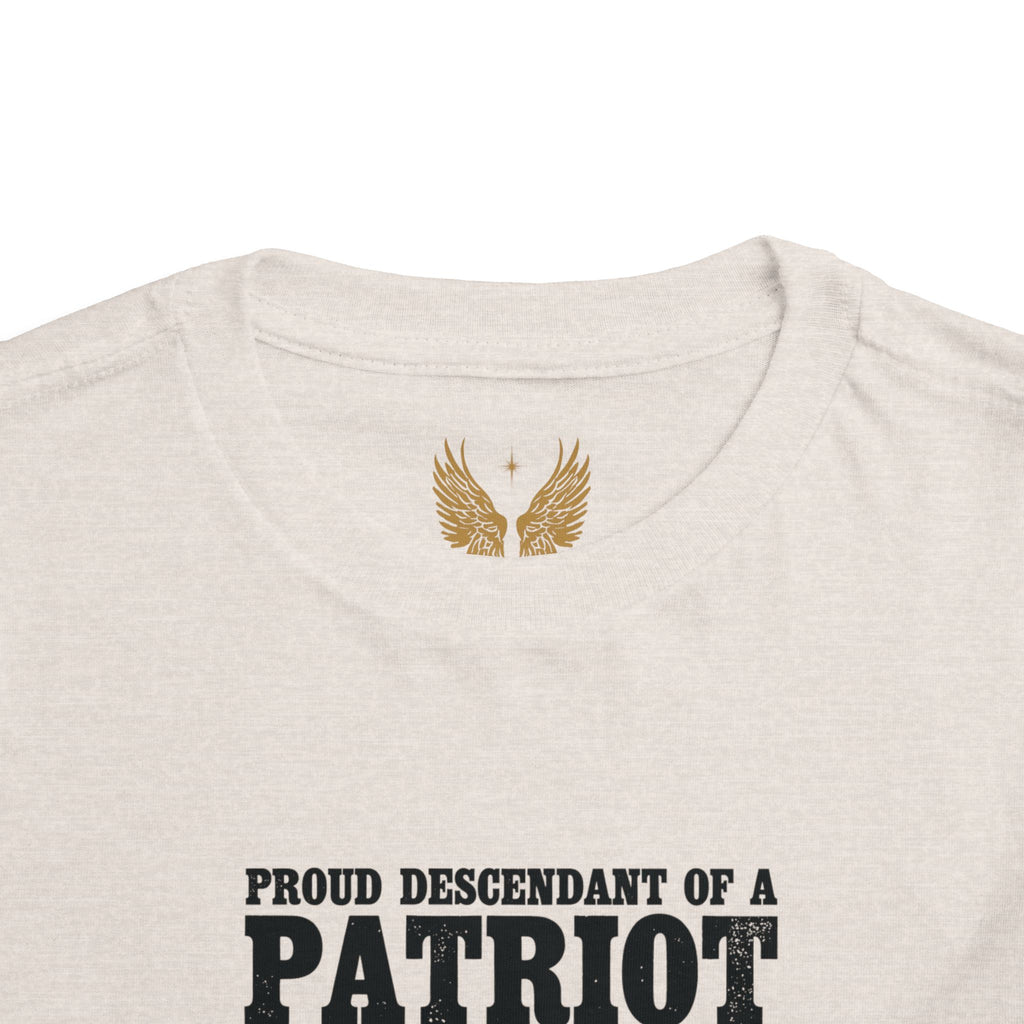 Descendant of a Patriot Toddler Tee | USA 250 Minuteman and Poem Tribute on Back | Personalize