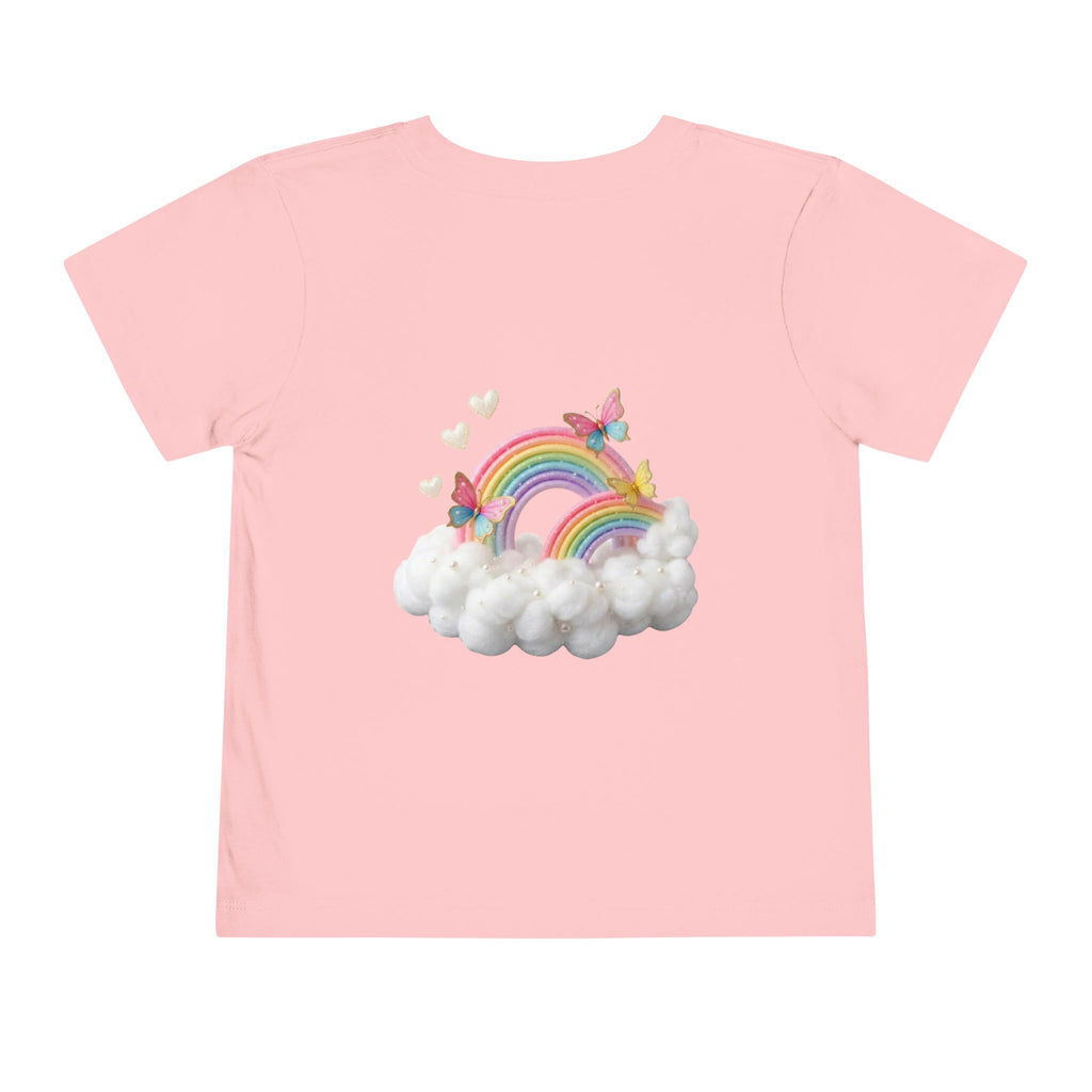 Ballet Unicorn Toddler Tee | Cute Pink Unicorn Dancing with Hearts, Double Rainbow and Clouds on Back