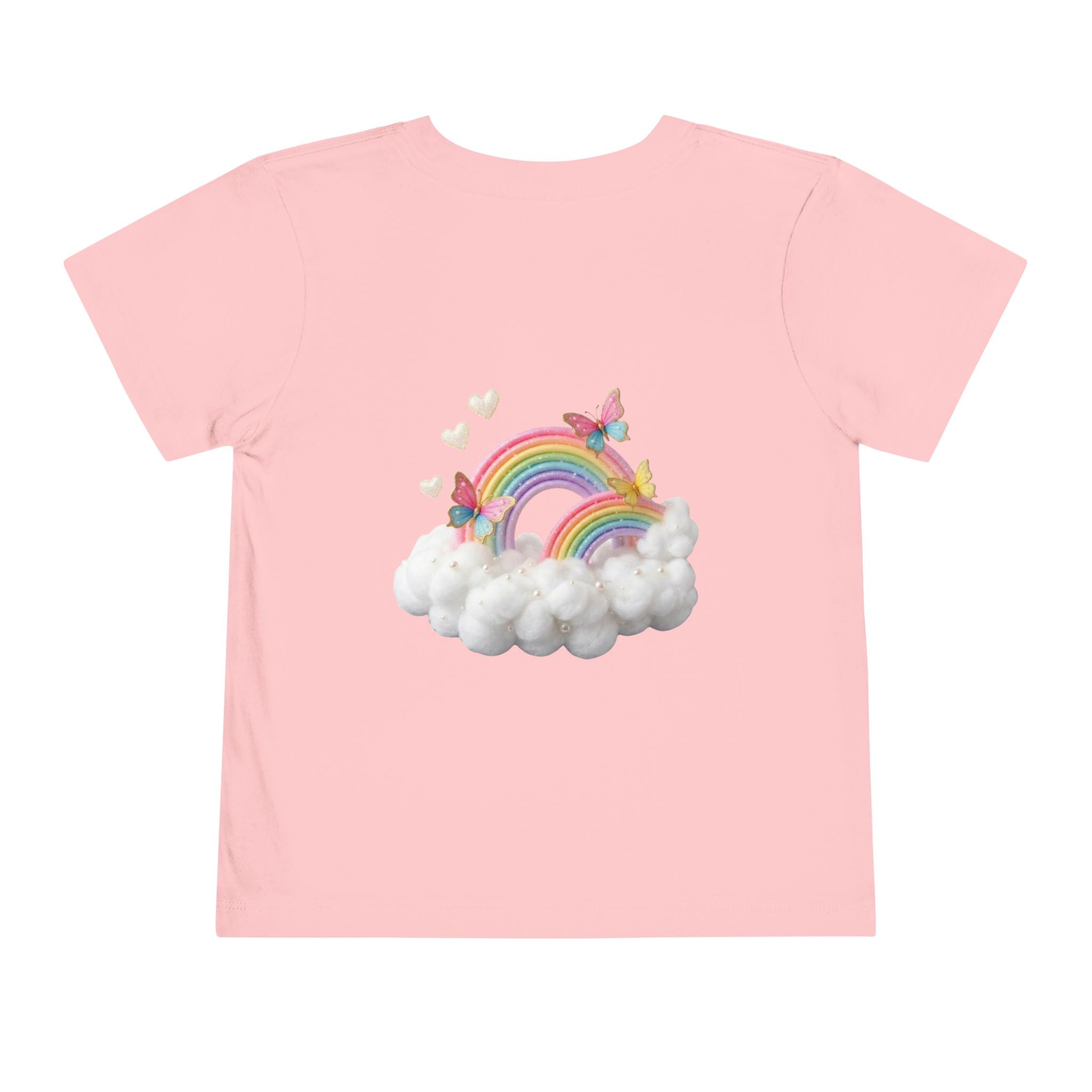 Ballet Unicorn Toddler Tee | Cute Pink Unicorn Dancing with Hearts, Double Rainbow and Clouds on Back