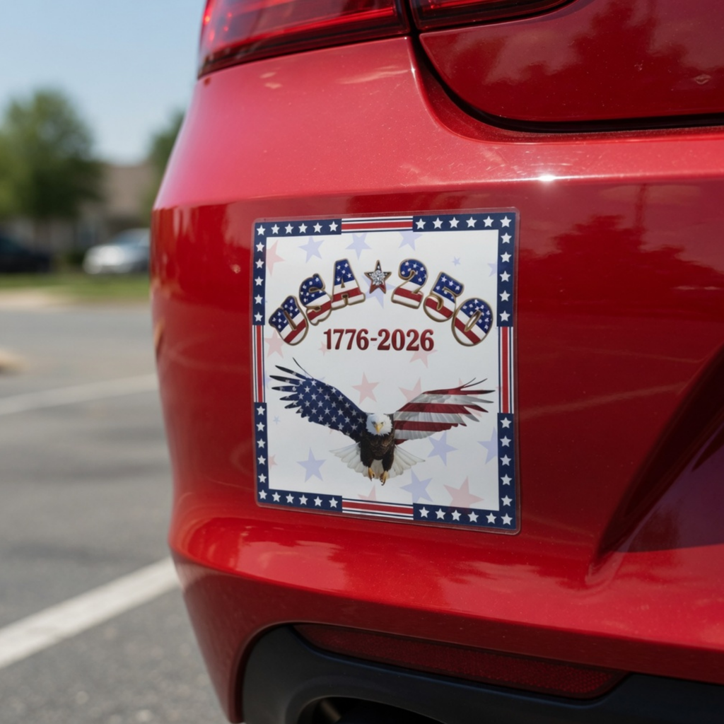 USA 250 Tribute Eagle Car Magnet | 1776-2026 American Flag Design, Square decal for car, red