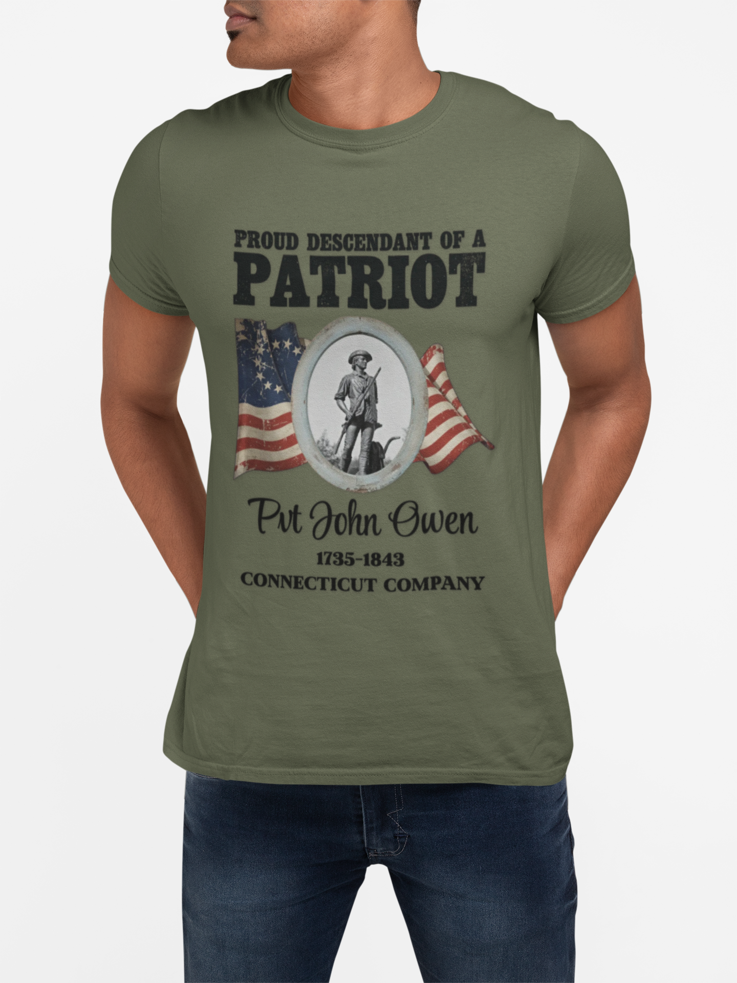 Proud Descendant of a Patriot Unisex T-Shirt | USA 250 Tribute, Personalized, Minute Man Tribute on Back
