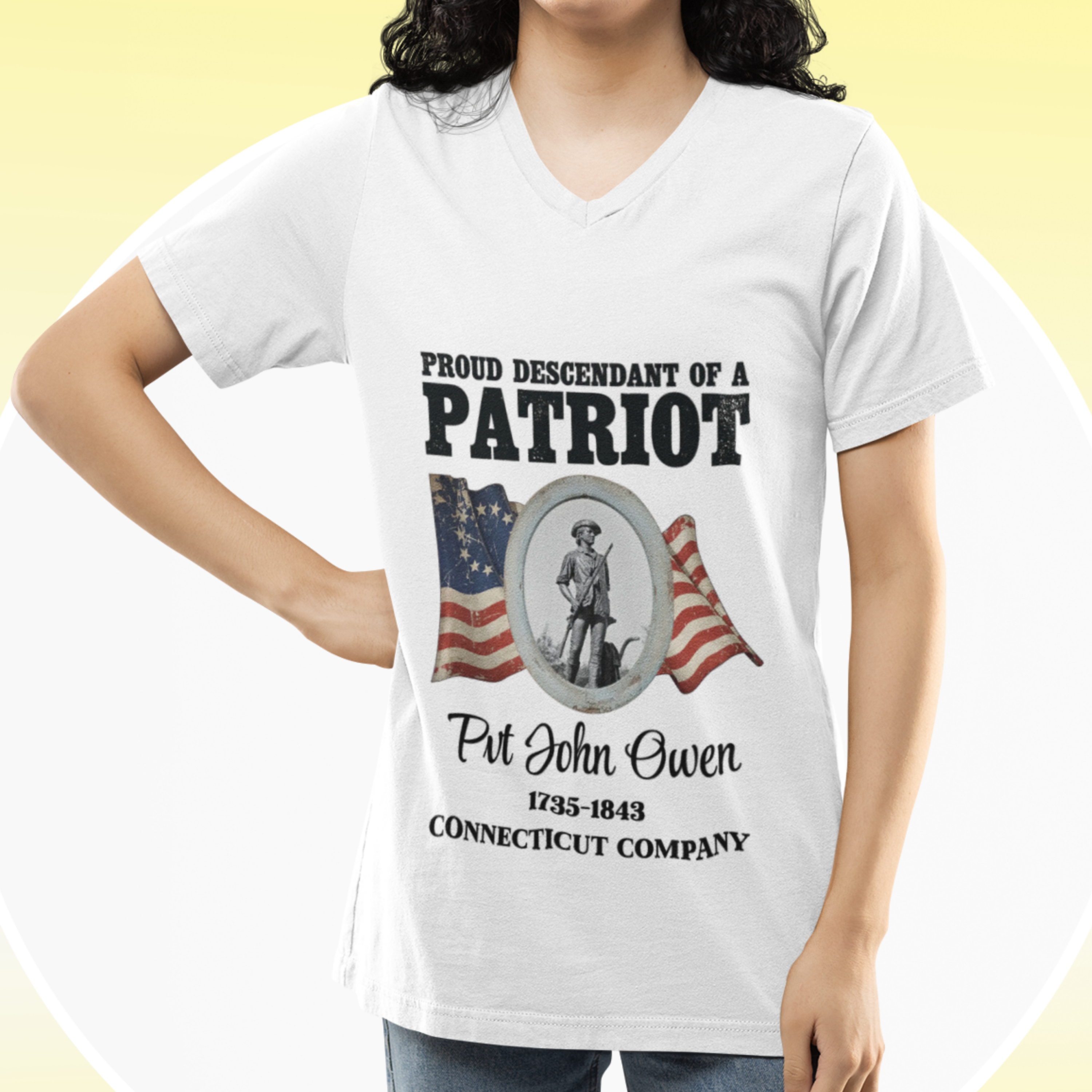 Descendant of a Patriot Ladies V-Neck T-Shirt | Vintage Minute Man Statue, Betsy Ross Flag, Personalized Ancestor Info