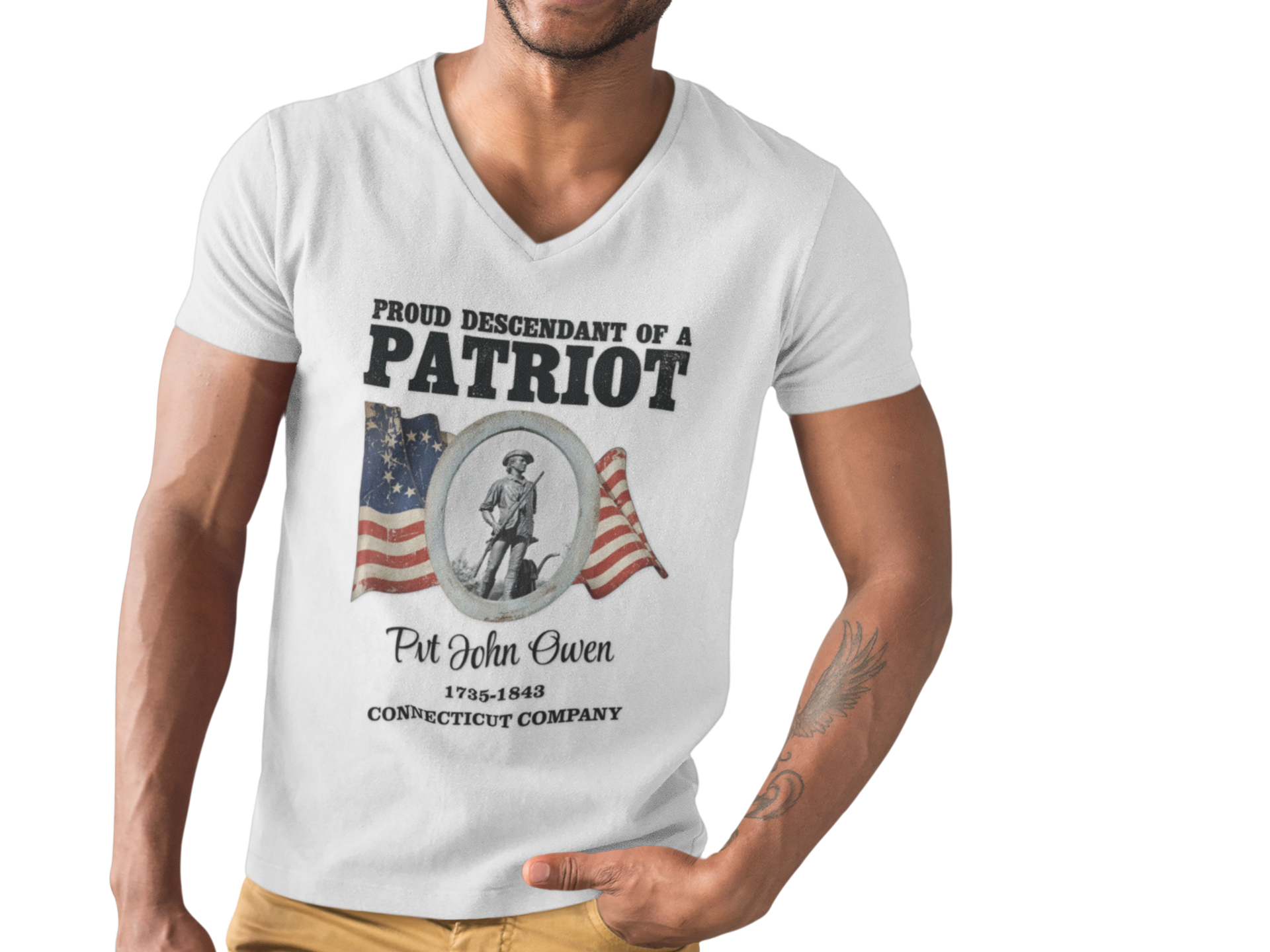 Patriot Ancestor V-Neck Tee — "Proud Descendant of a Patriot" Historical Tribute Shirt | Personalized