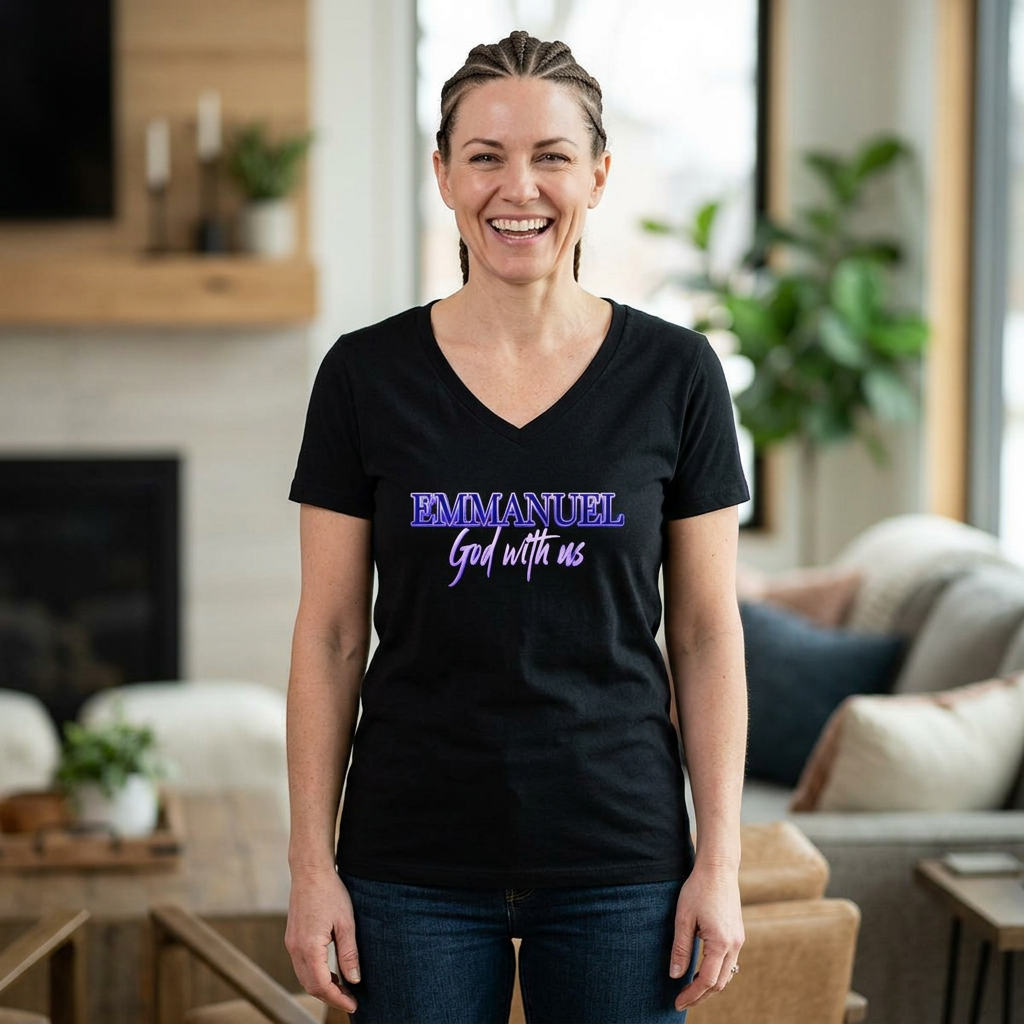 Emmanuel "God With Us" Name of God - Ladies V-Neck T-Shirt | Purple Script