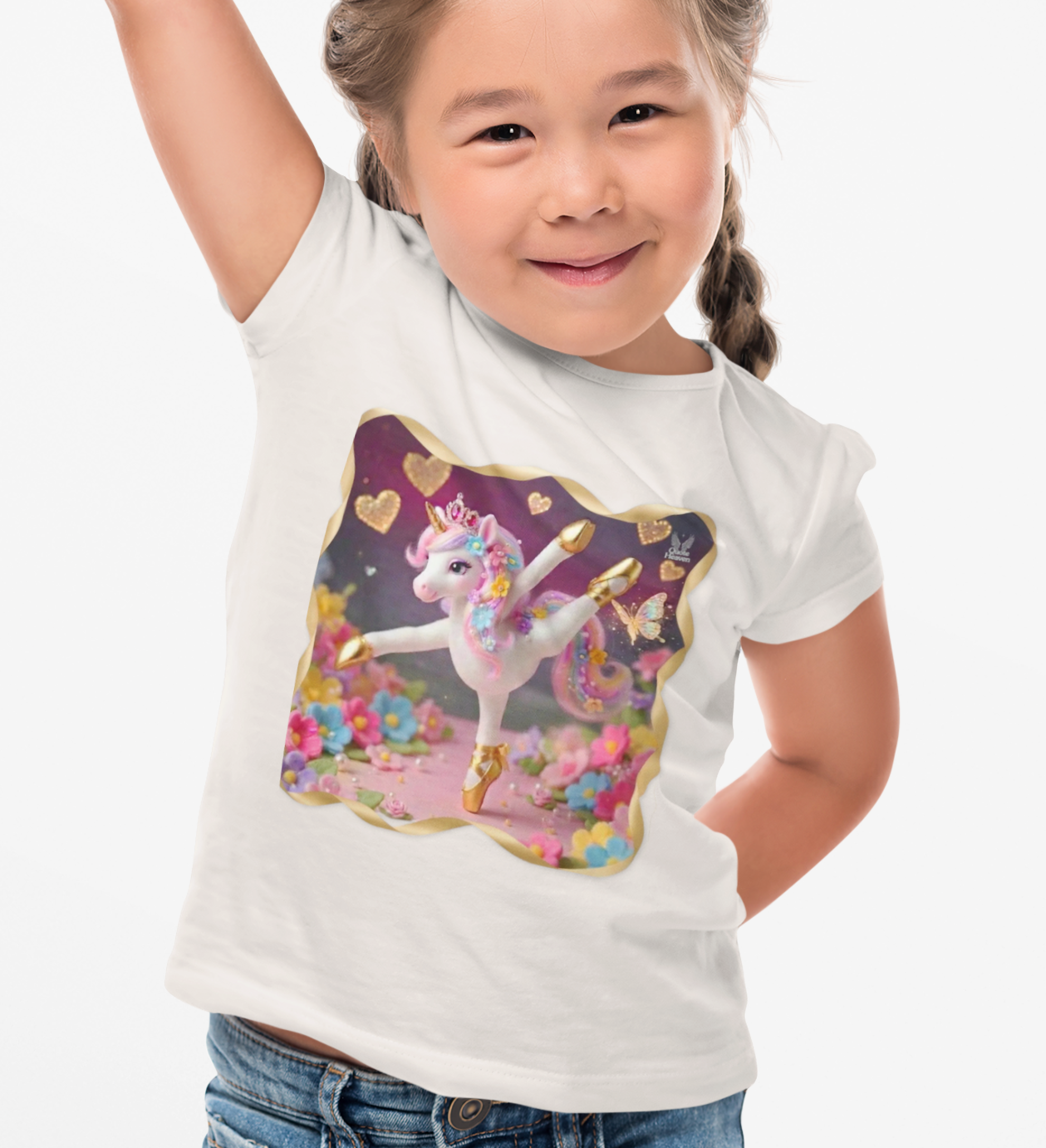Ballet Unicorn Toddler Tee | Cute Pink Unicorn Dancing with Hearts, Double Rainbow and Clouds on Back