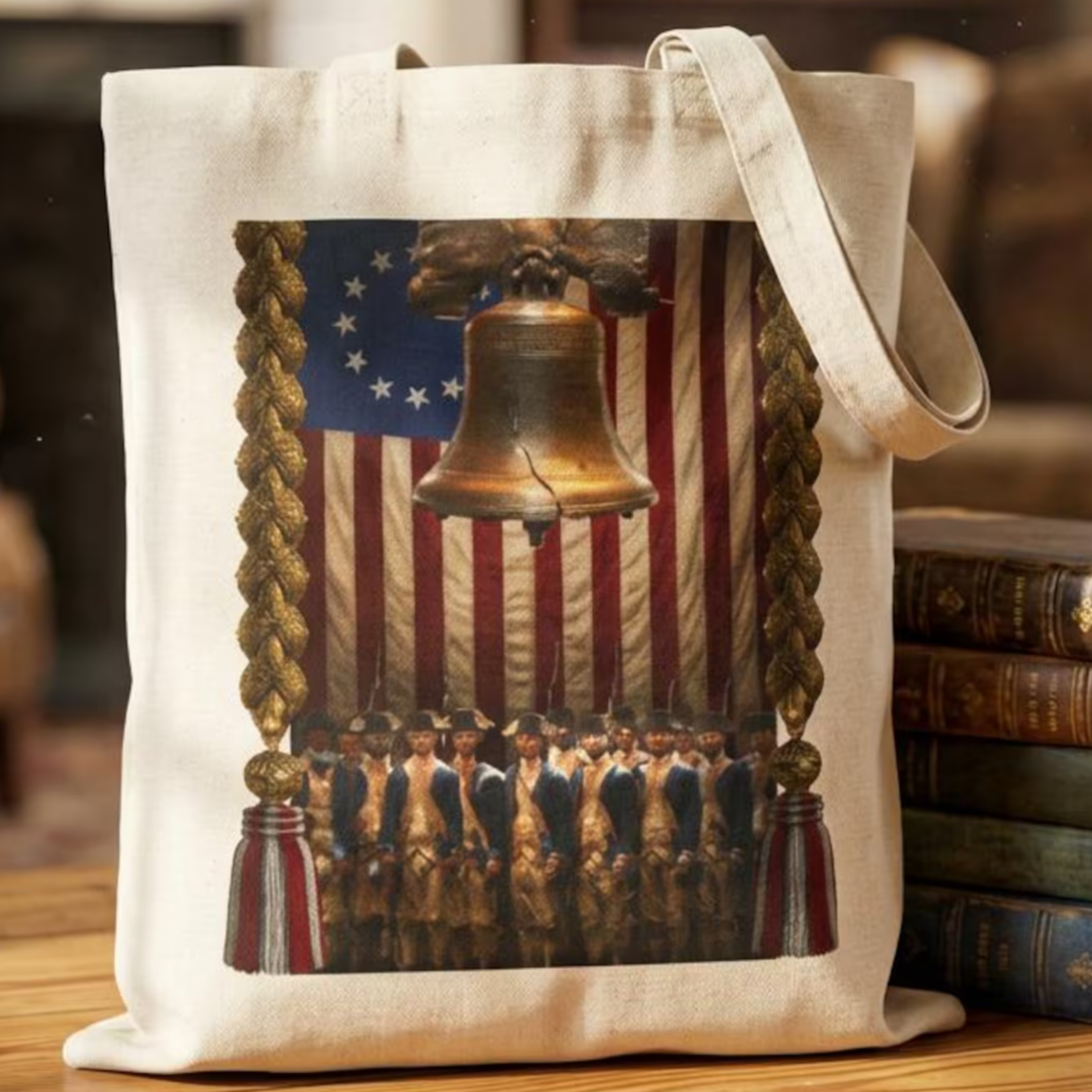 Liberty Bell Colonial Militia Tote Bag | Cotton Canvas, Historic Patriotic Design