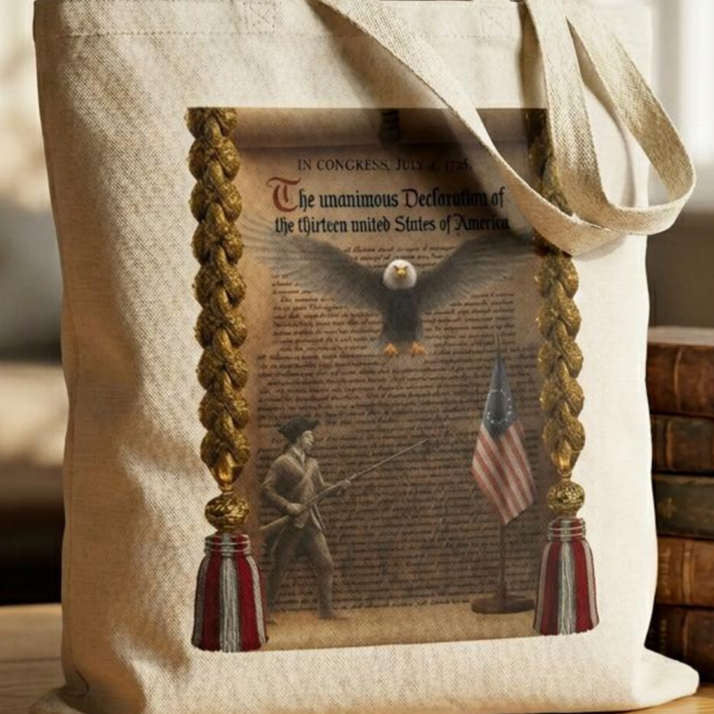 Soaring Eagle over Declaration of Independence Tote Bag | Minute Man & Betsy Ross Flag